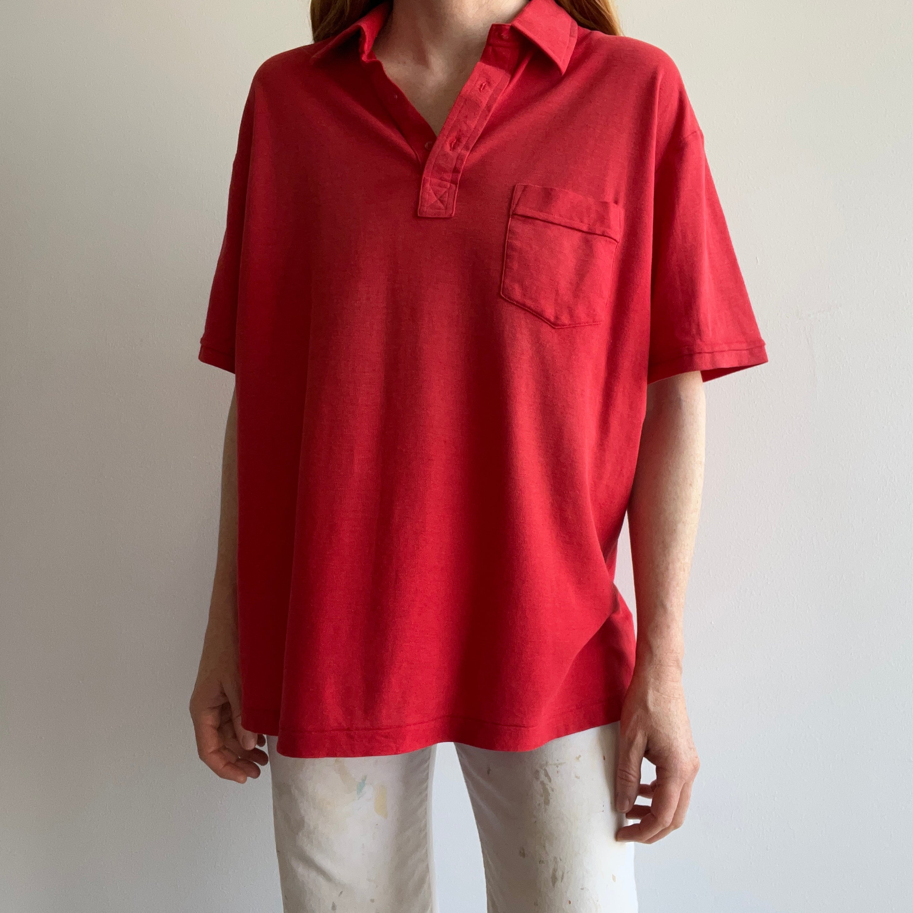 1980s Sun Faded Red Golf Polo Shirt with a Single Pocket