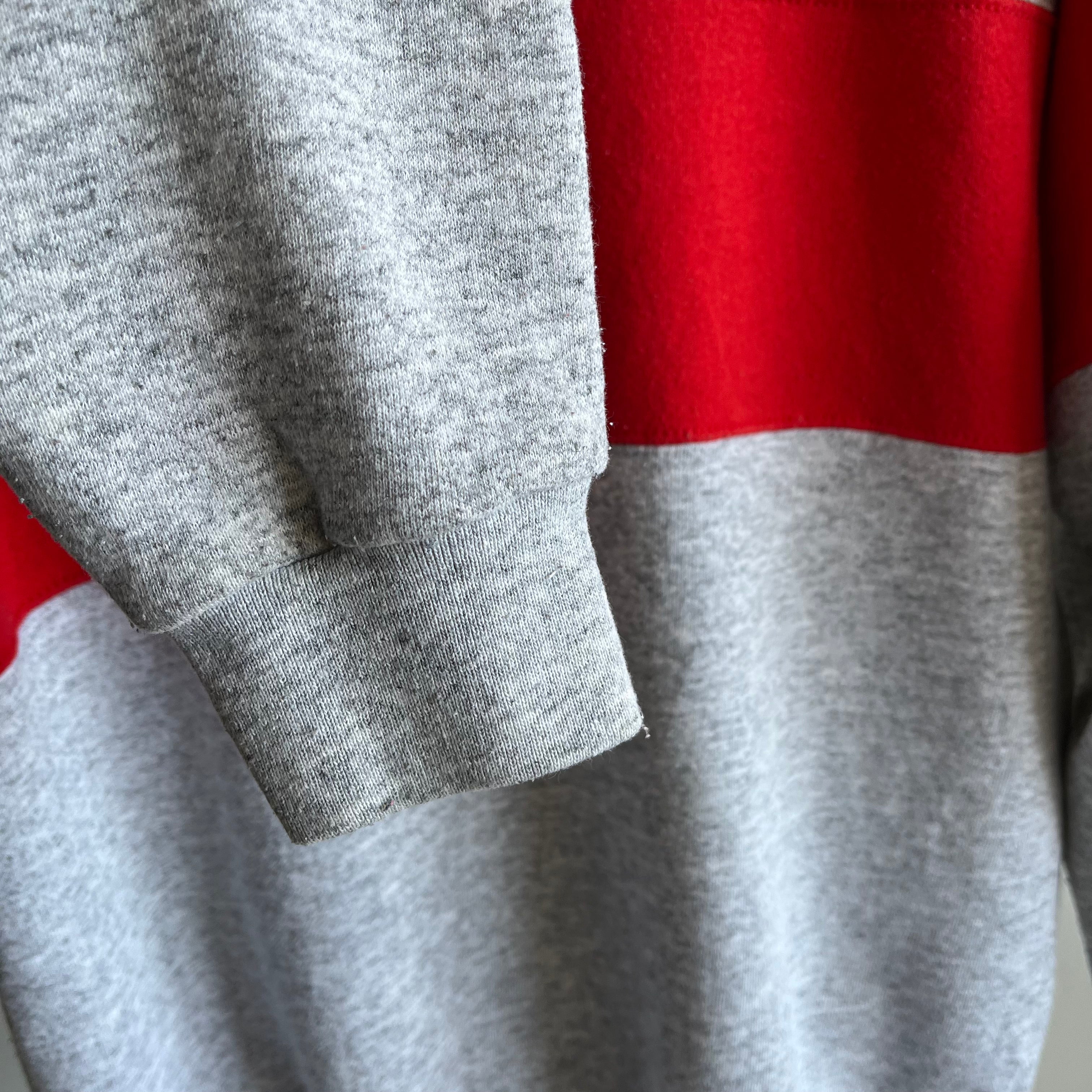 1980s Color Block Polo Sweatshirt - Red and Gray