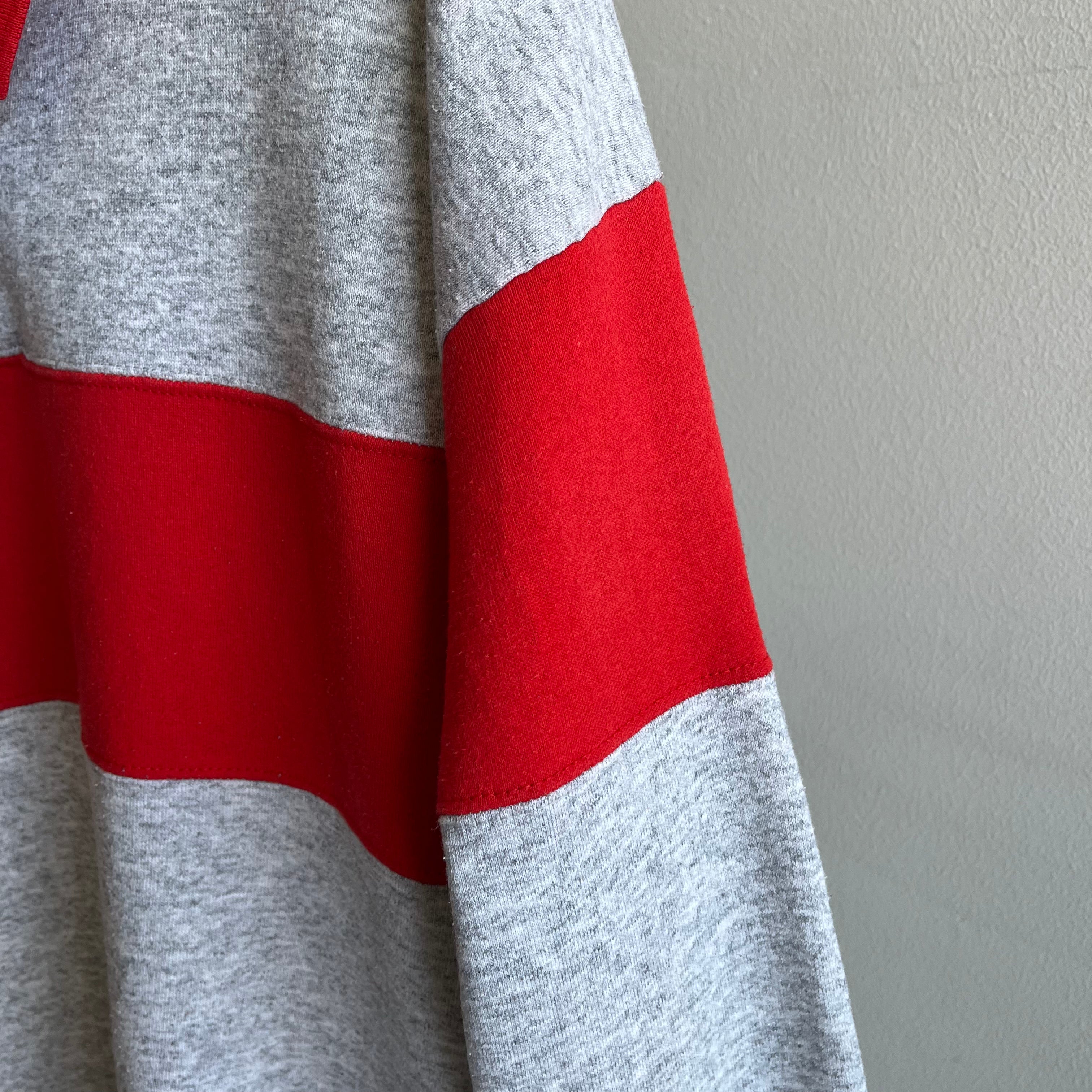 1980s Color Block Polo Sweatshirt - Red and Gray