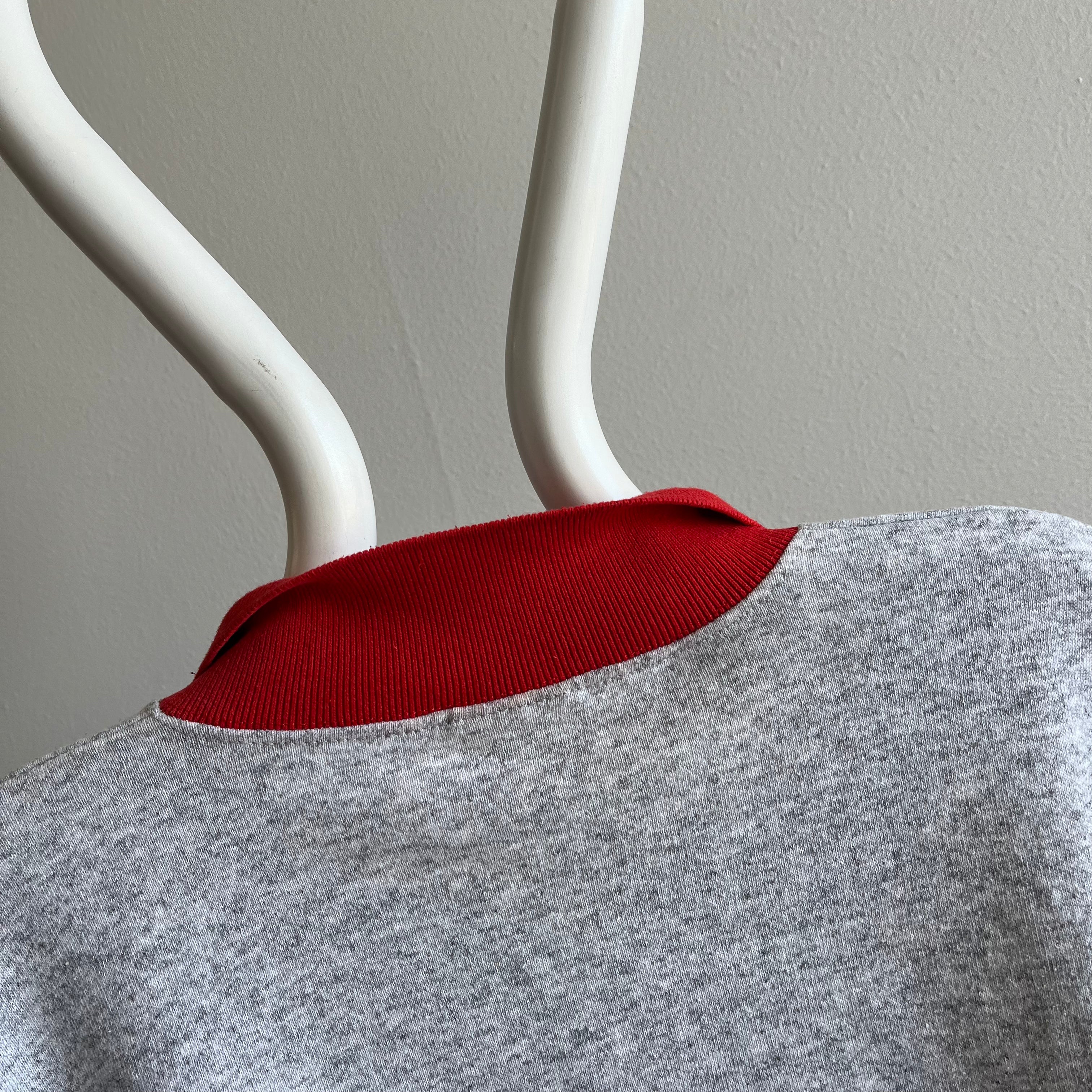 1980s Color Block Polo Sweatshirt - Red and Gray