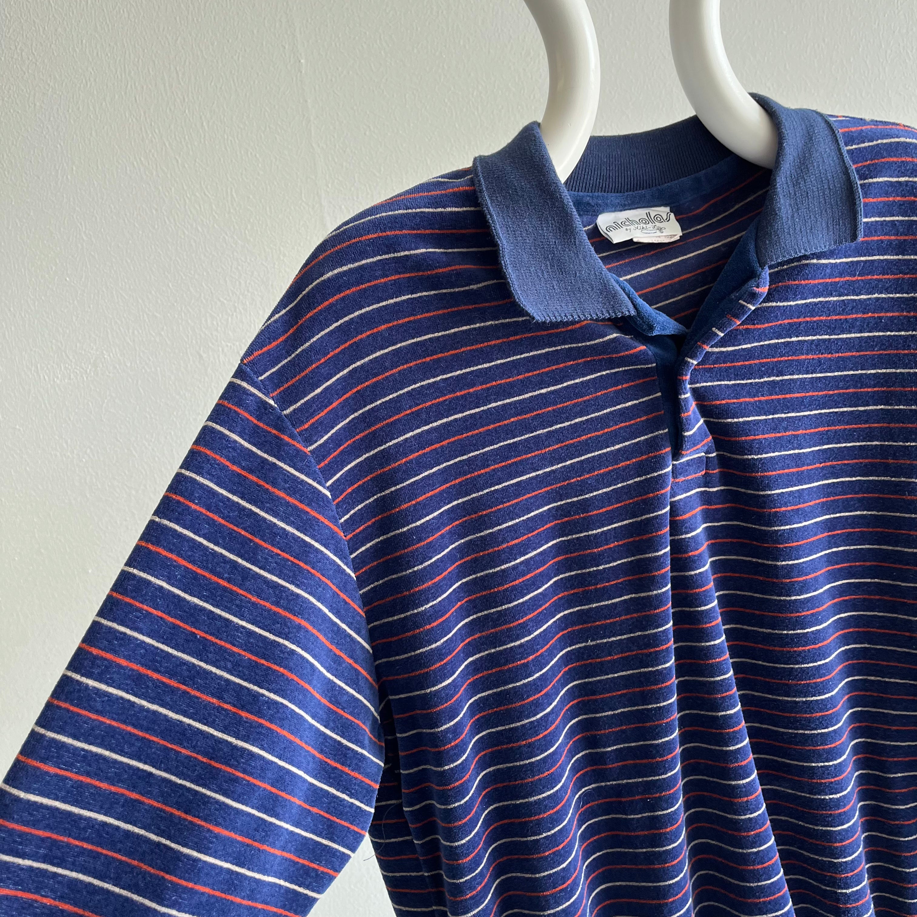 1980s Striped Velour Polo Sweatshirt/Shirt - WOWZA