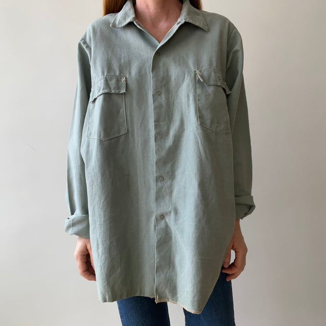 1950s Sage Green Cotton Canvas Like Work Shirt - Cool Contrast Stitching - Rare!