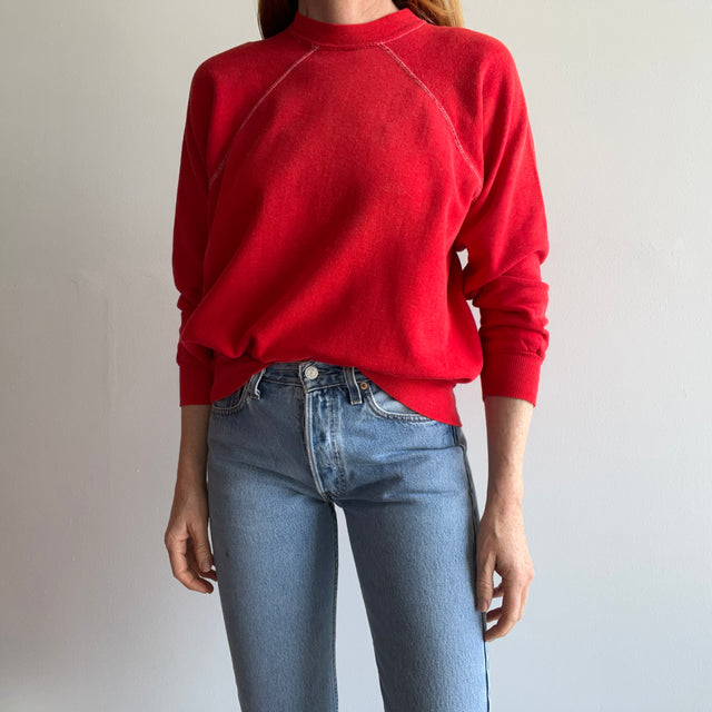 1970s Sun Faded Contrast Stitching Red/Orange Raglan Sweatshirt