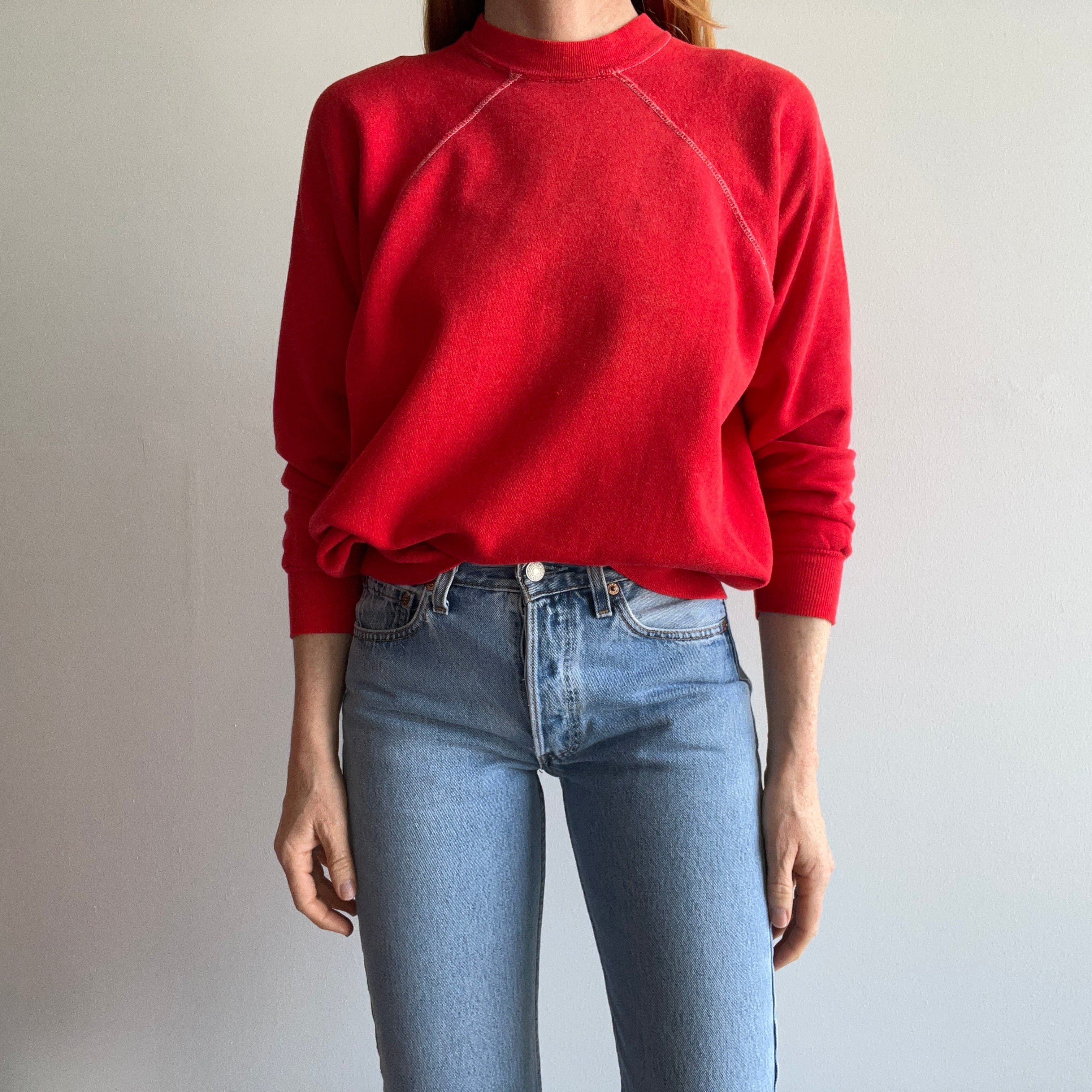 1970s Sun Faded Contrast Stitching Red/Orange Raglan Sweatshirt