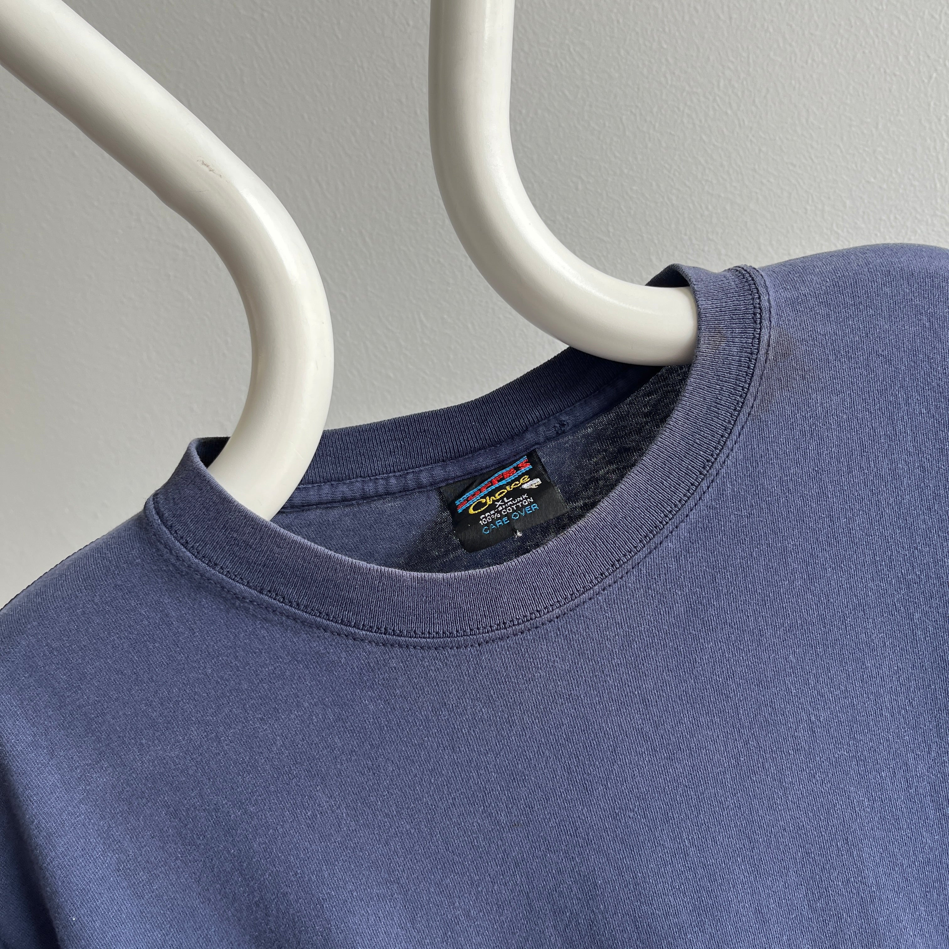 1980s Faded Navy Cotton T-Shirt with Some Graphic Fade on the Backside