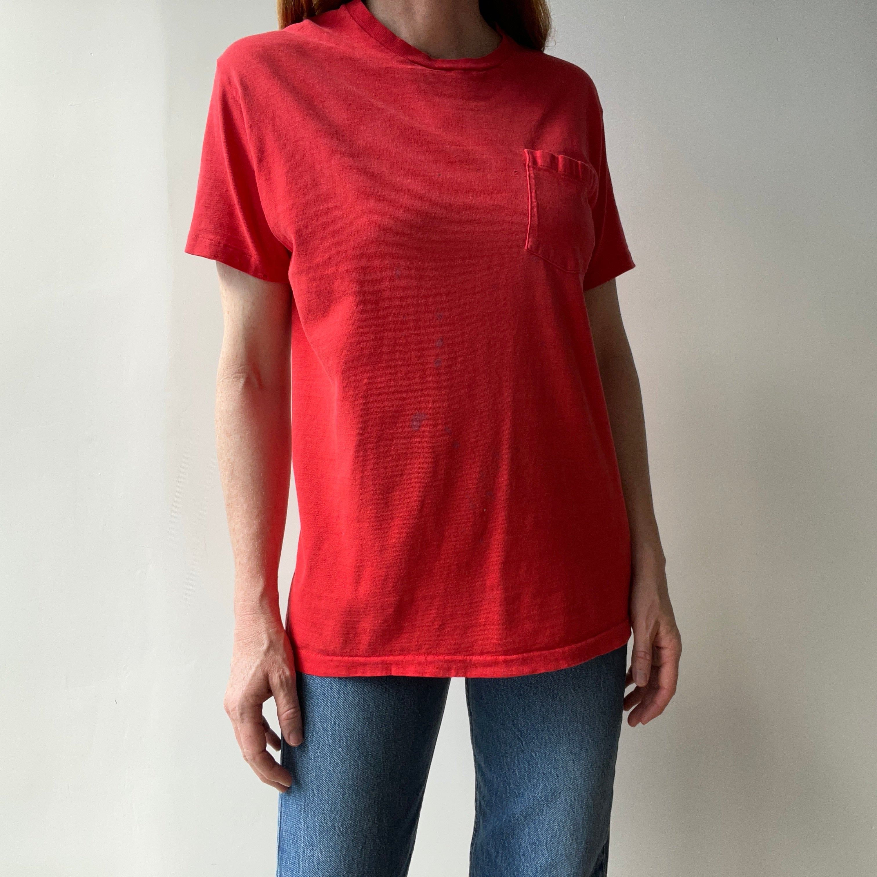 1970/80s Nicely Beat Up Blank Red Cotton Pocket T-Shirt by Hanes (the old tag)