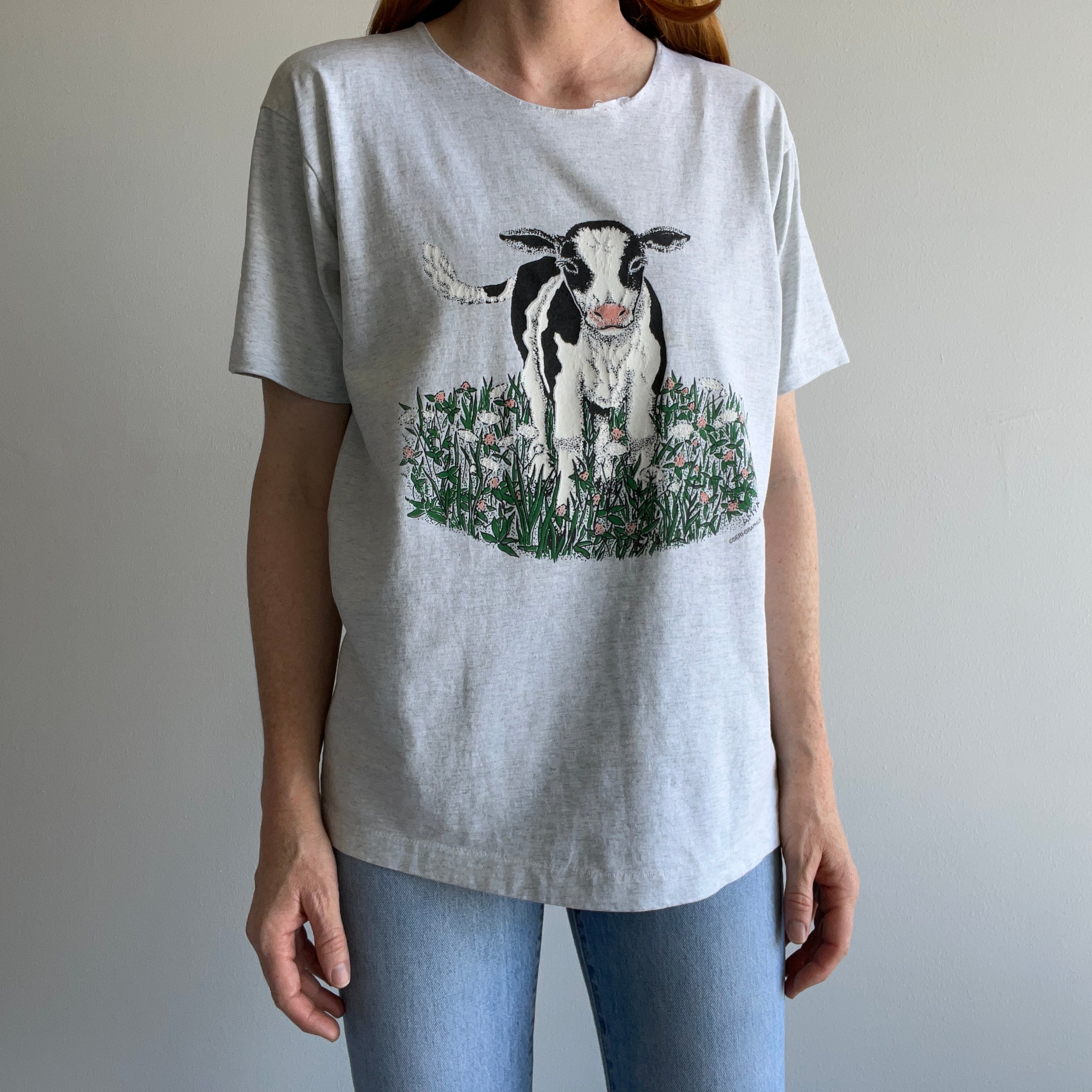 1980s Front and Back Cow T-Shirt with a Cut Neck - !!!!