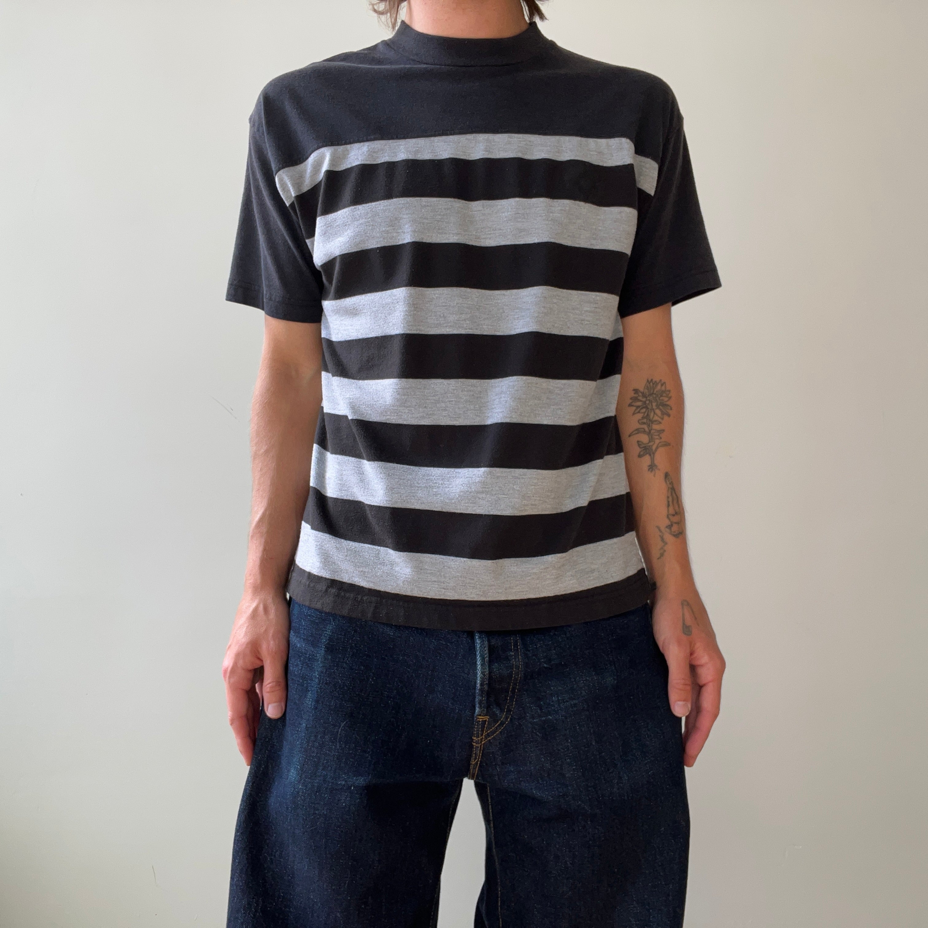 1980s Black and Grey Striped T Shirt