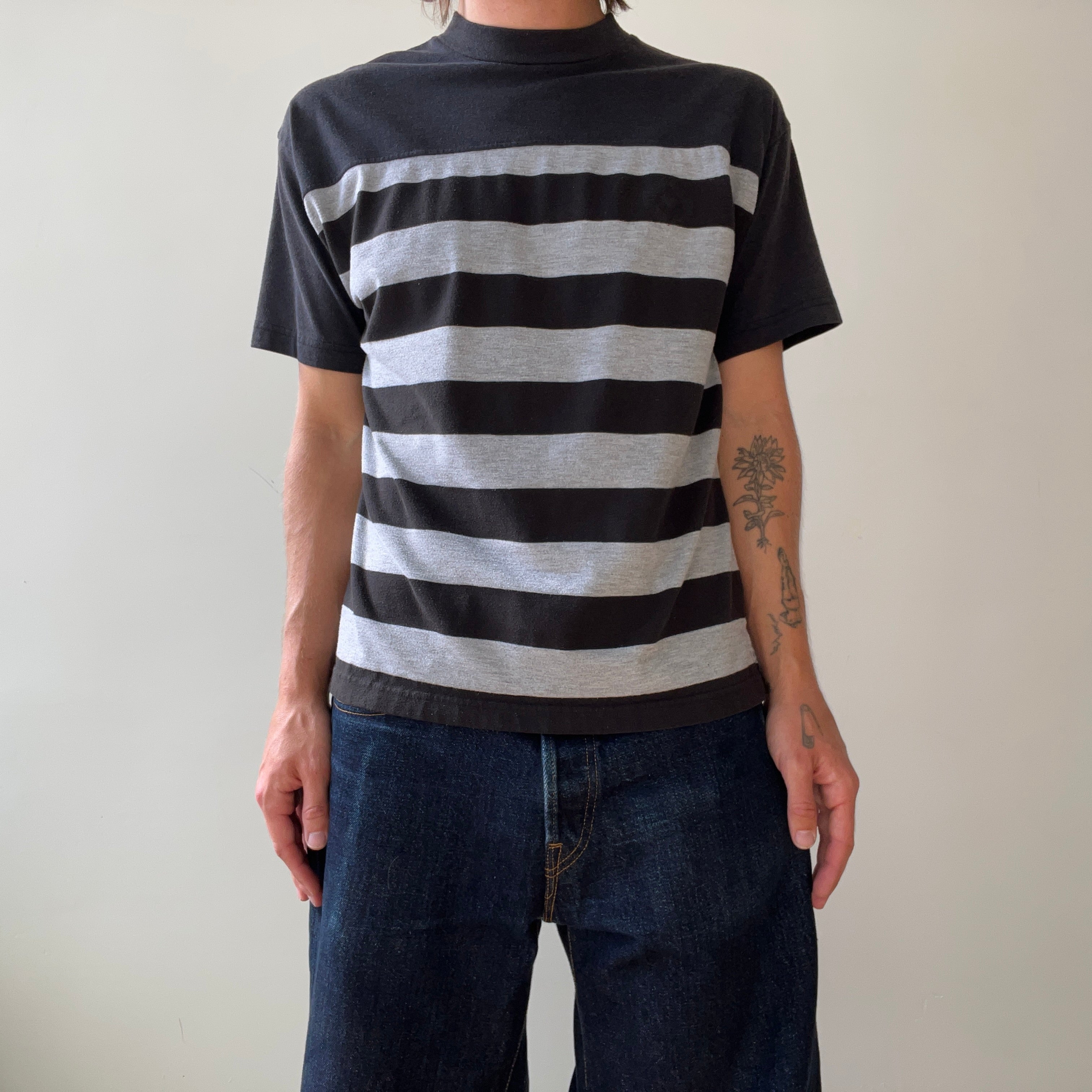 1980s Black and Grey Striped T Shirt