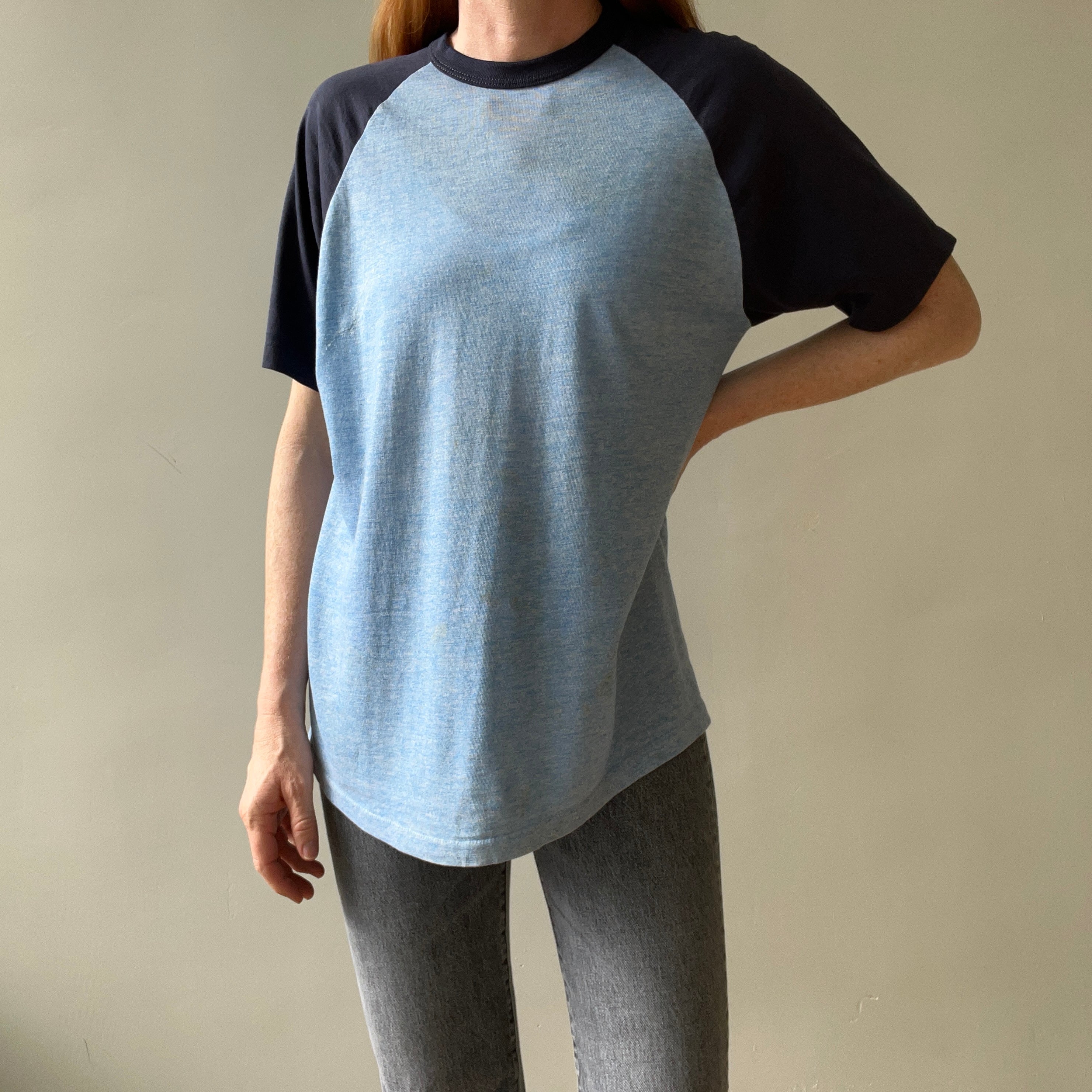1970s Two Tone Blue Blank T Shirt