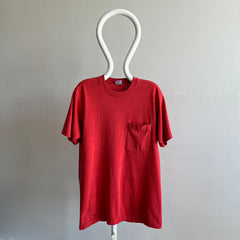 1980s FOTL Super Stained and Faded Red Selvedge Cotton Pocket T-Shirt