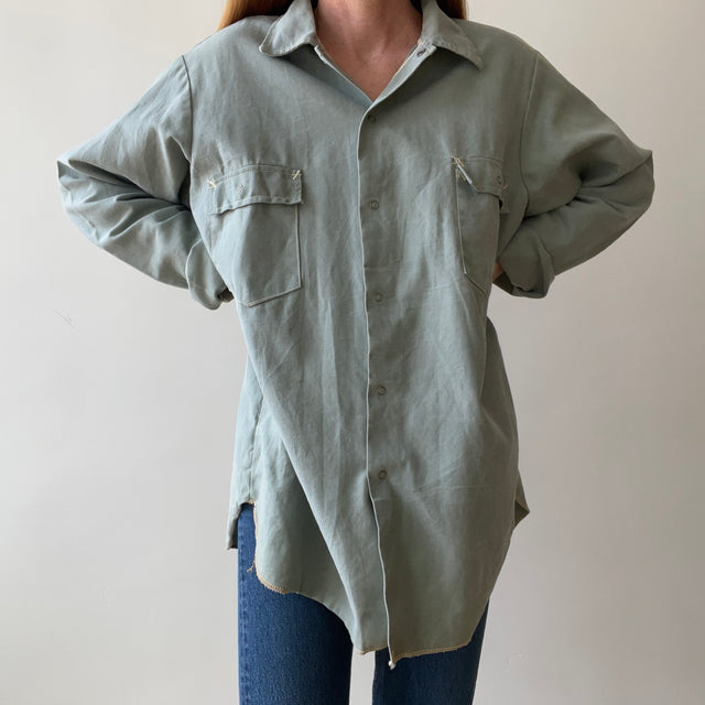 1950s Sage Green Cotton Canvas Like Work Shirt - Cool Contrast Stitching - Rare!
