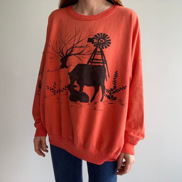 1980s DIY (?) Farm Scene Front, Back and Arm Super Thin and Slouchy Larger Orange Sweatshirt