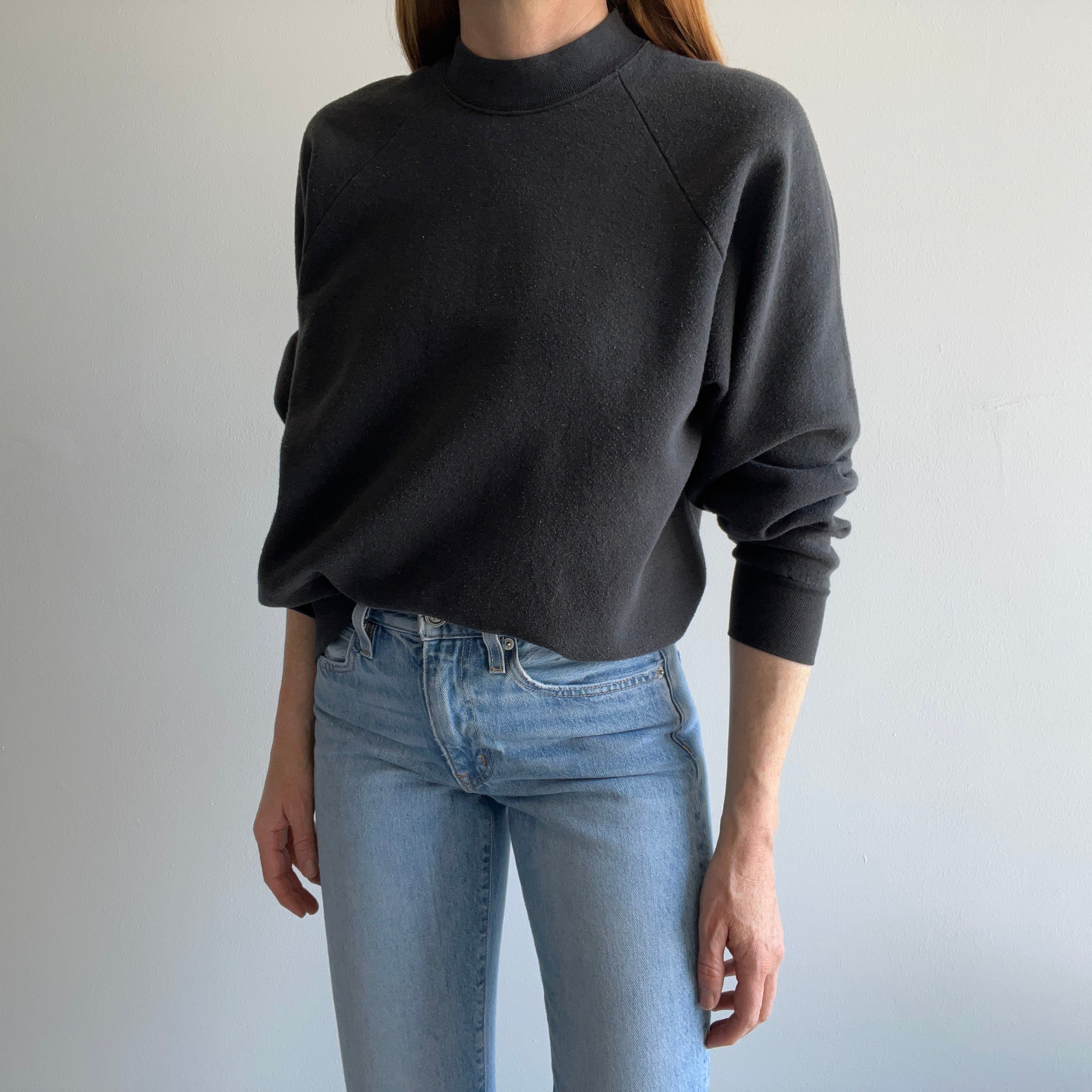 1980s Faded Black Raglan Sweatshirt by FOTL - Medium Weight