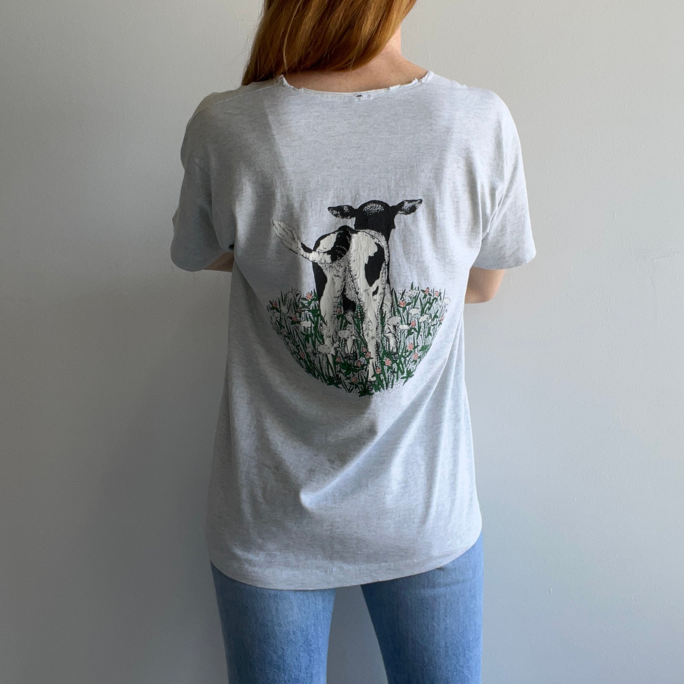 1980s Front and Back Cow T-Shirt with a Cut Neck - !!!!