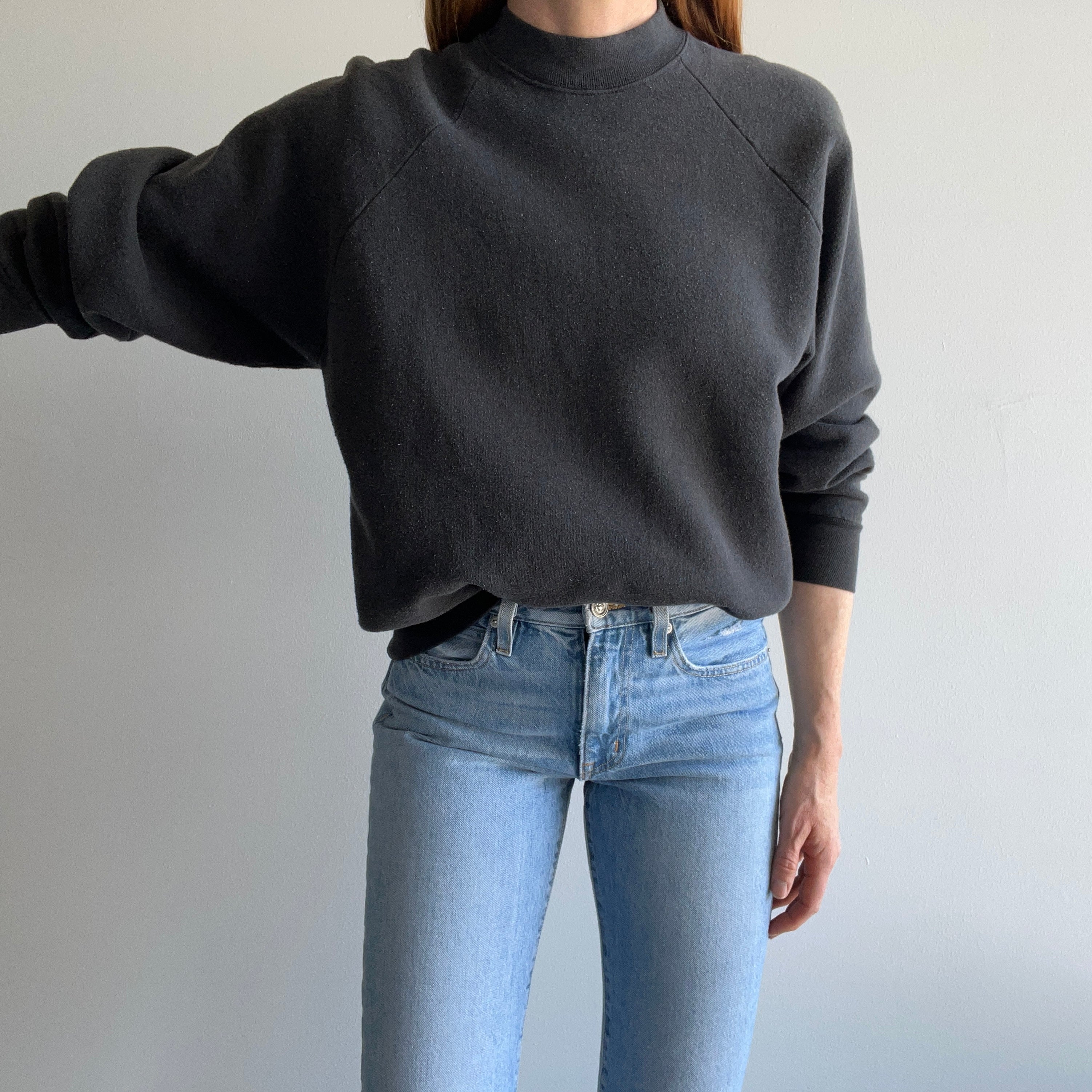 1980s Faded Black Raglan Sweatshirt by FOTL - Medium Weight