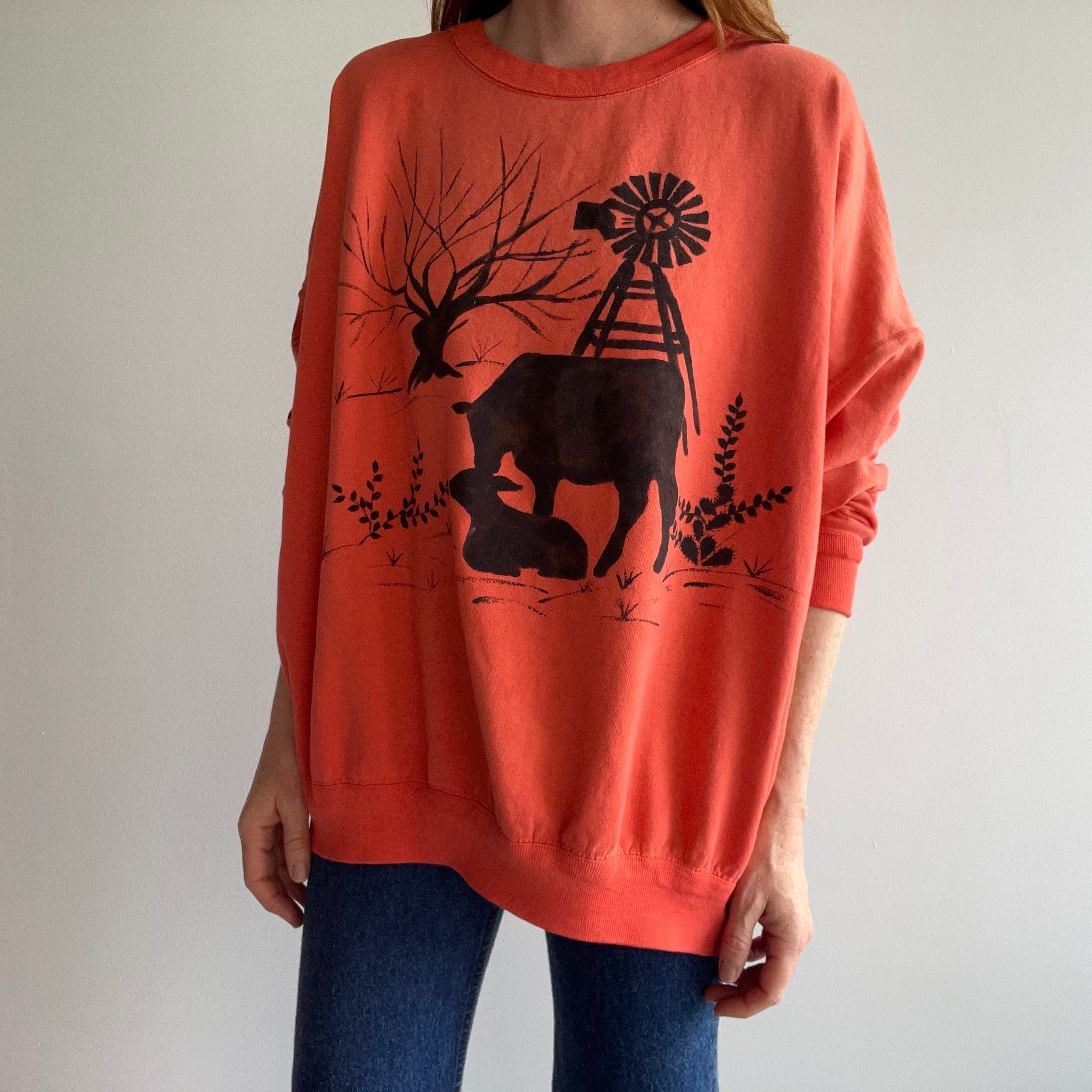 1980s DIY (?) Farm Scene Front, Back and Arm Super Thin and Slouchy Larger Orange Sweatshirt