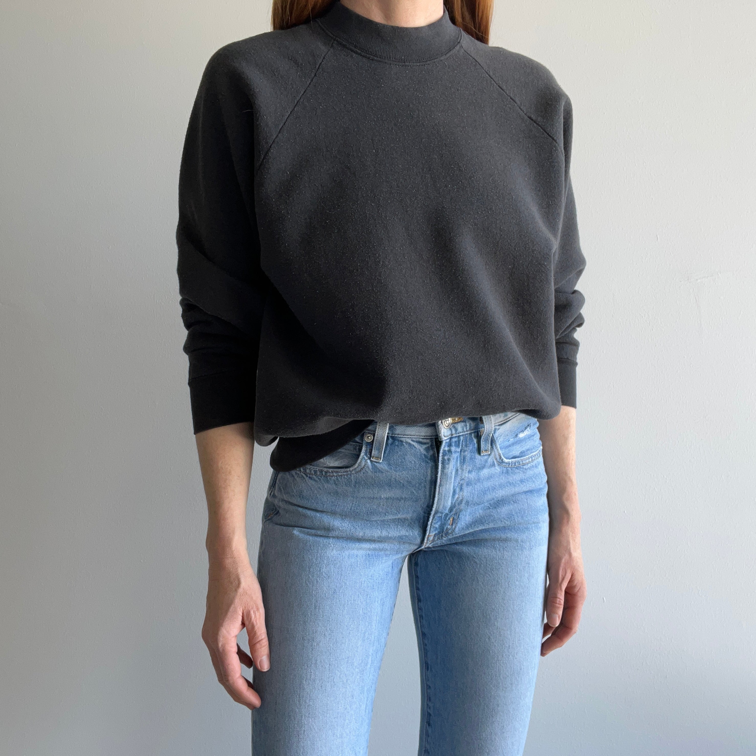 1980s Faded Black Raglan Sweatshirt by FOTL - Medium Weight