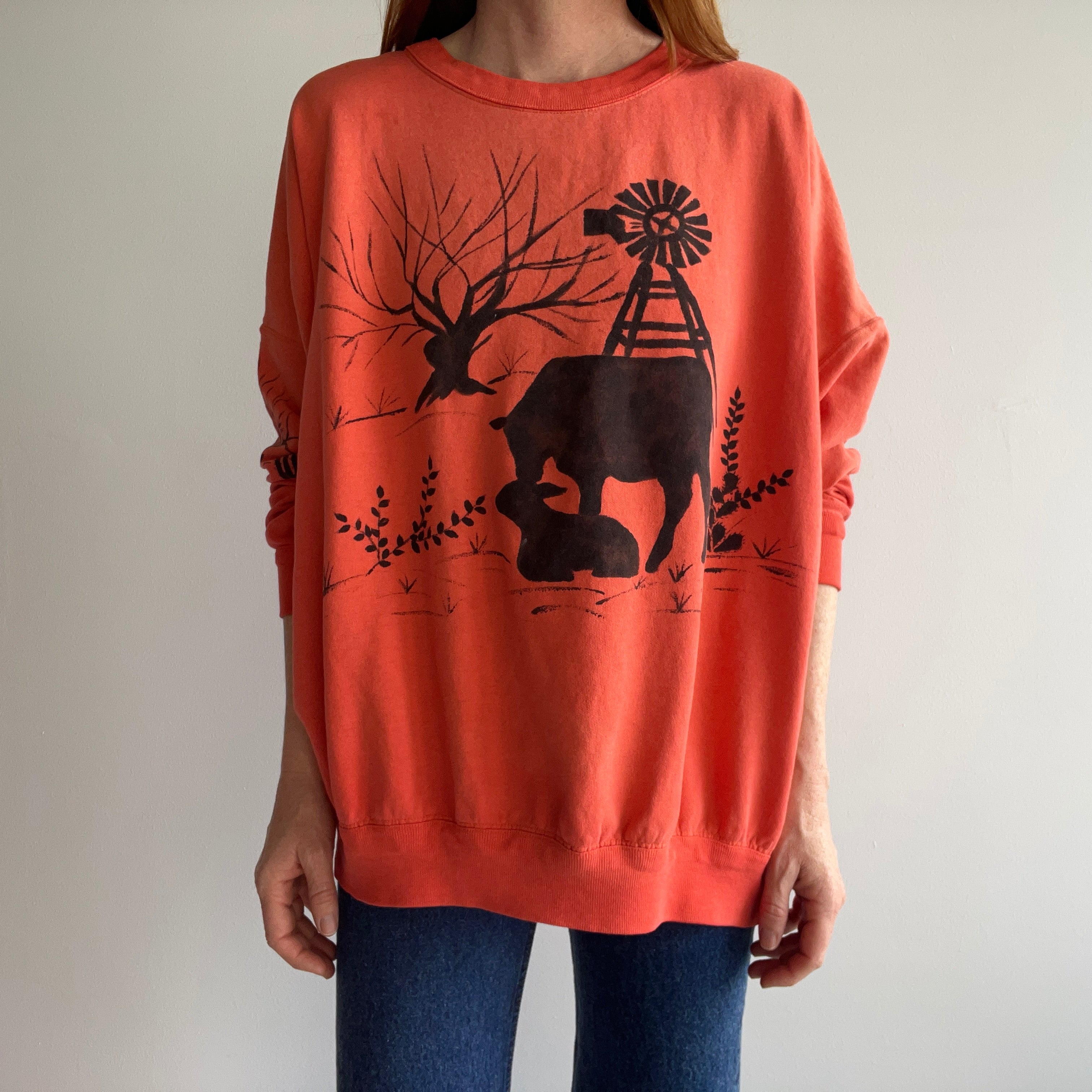 1980s DIY (?) Farm Scene Front, Back and Arm Super Thin and Slouchy Larger Orange Sweatshirt