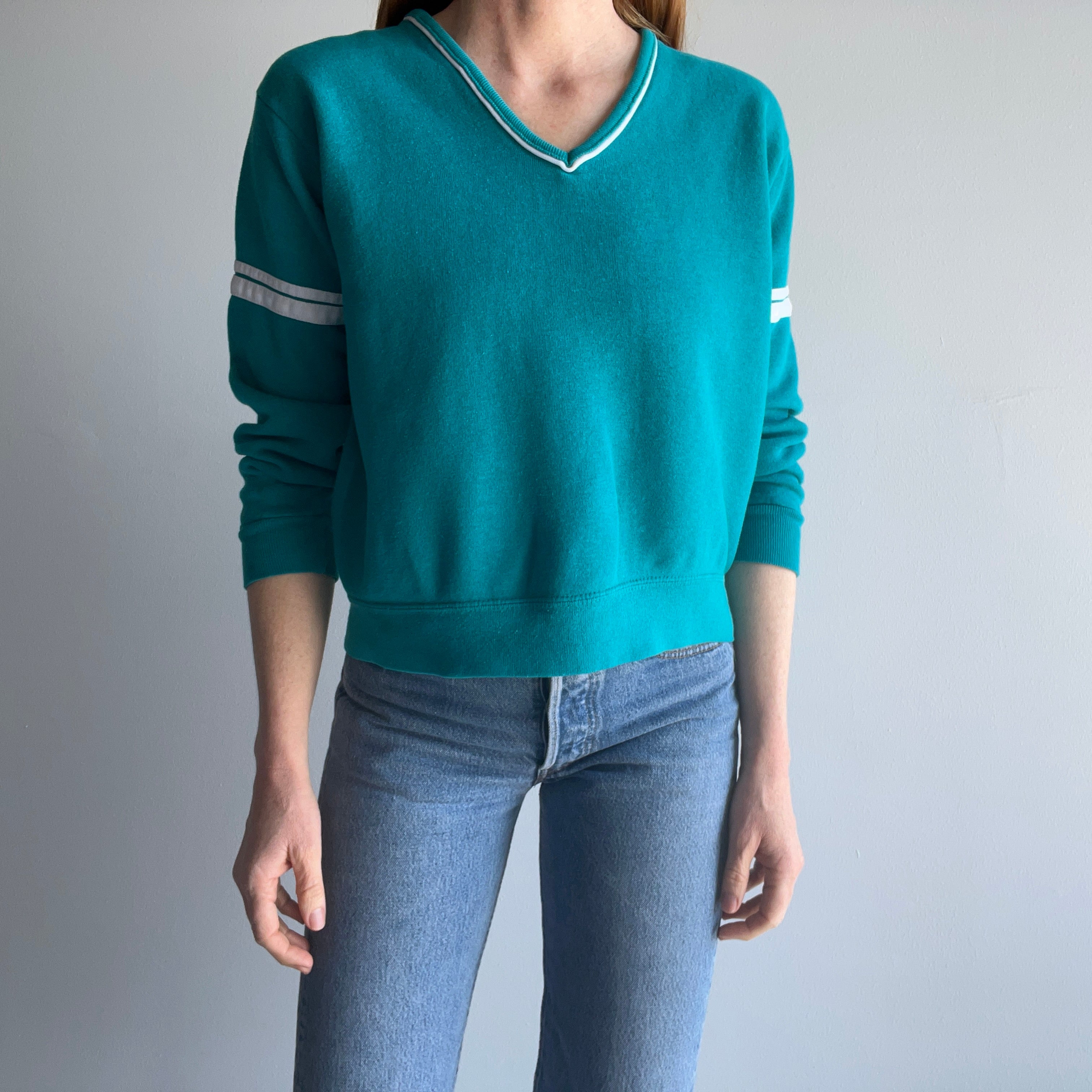 1980s Bassett Walker Super Soft and Luxurious V Neck Double Stripe Sweatshirt