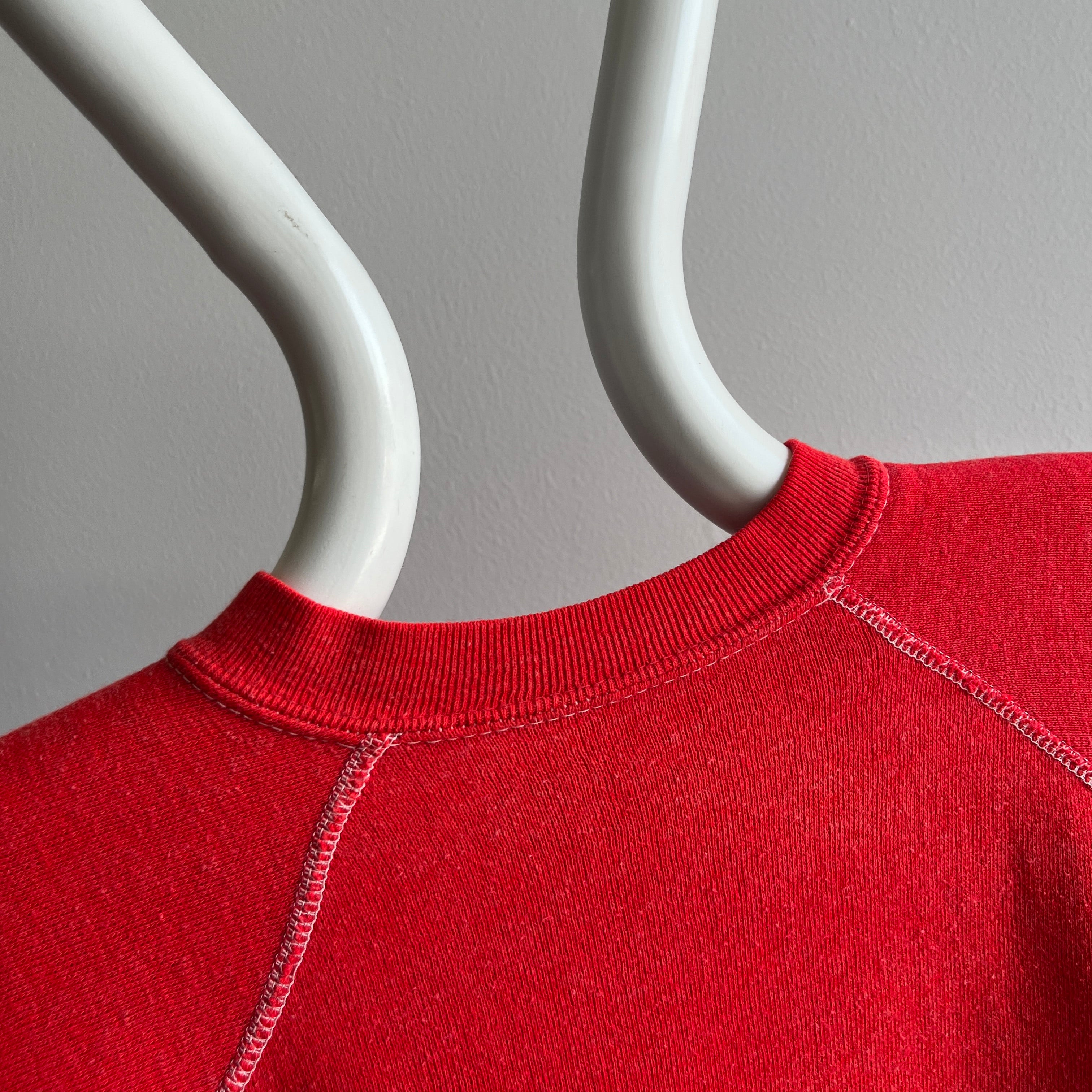 1970s Sun Faded Contrast Stitching Red/Orange Raglan Sweatshirt