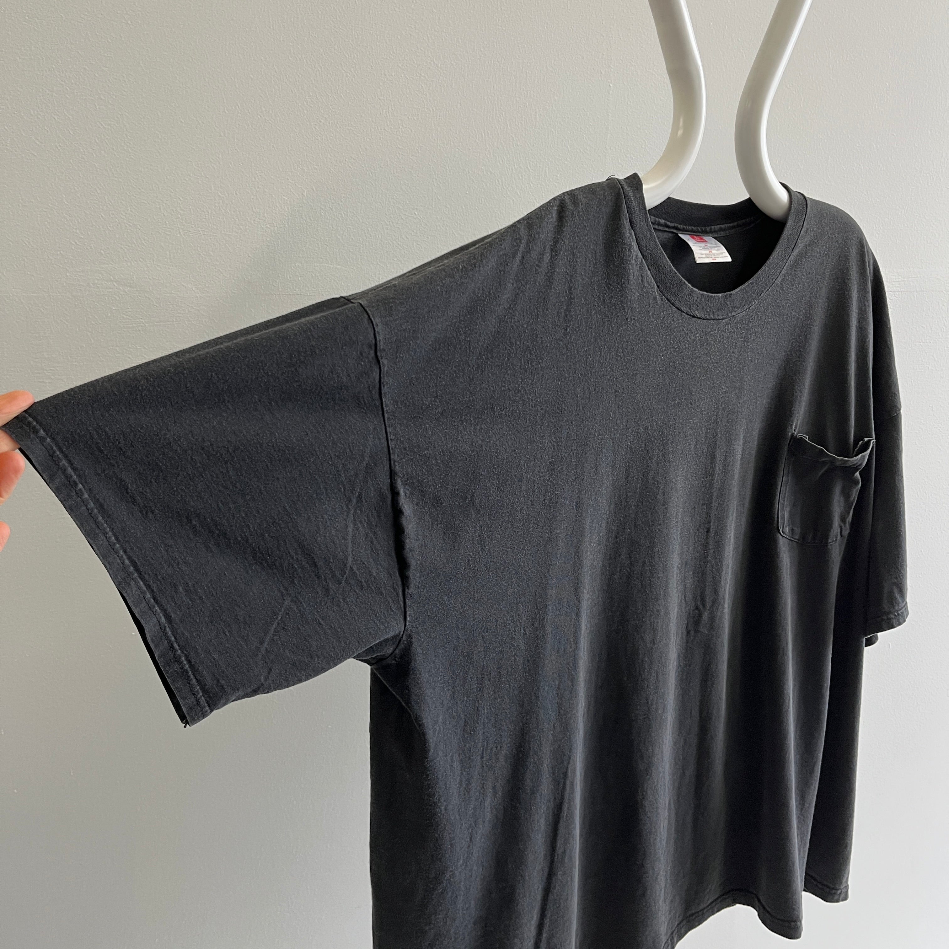 1990s Relaxed Fit Blank Black Pocket T-Shirt with an Incredible Drape