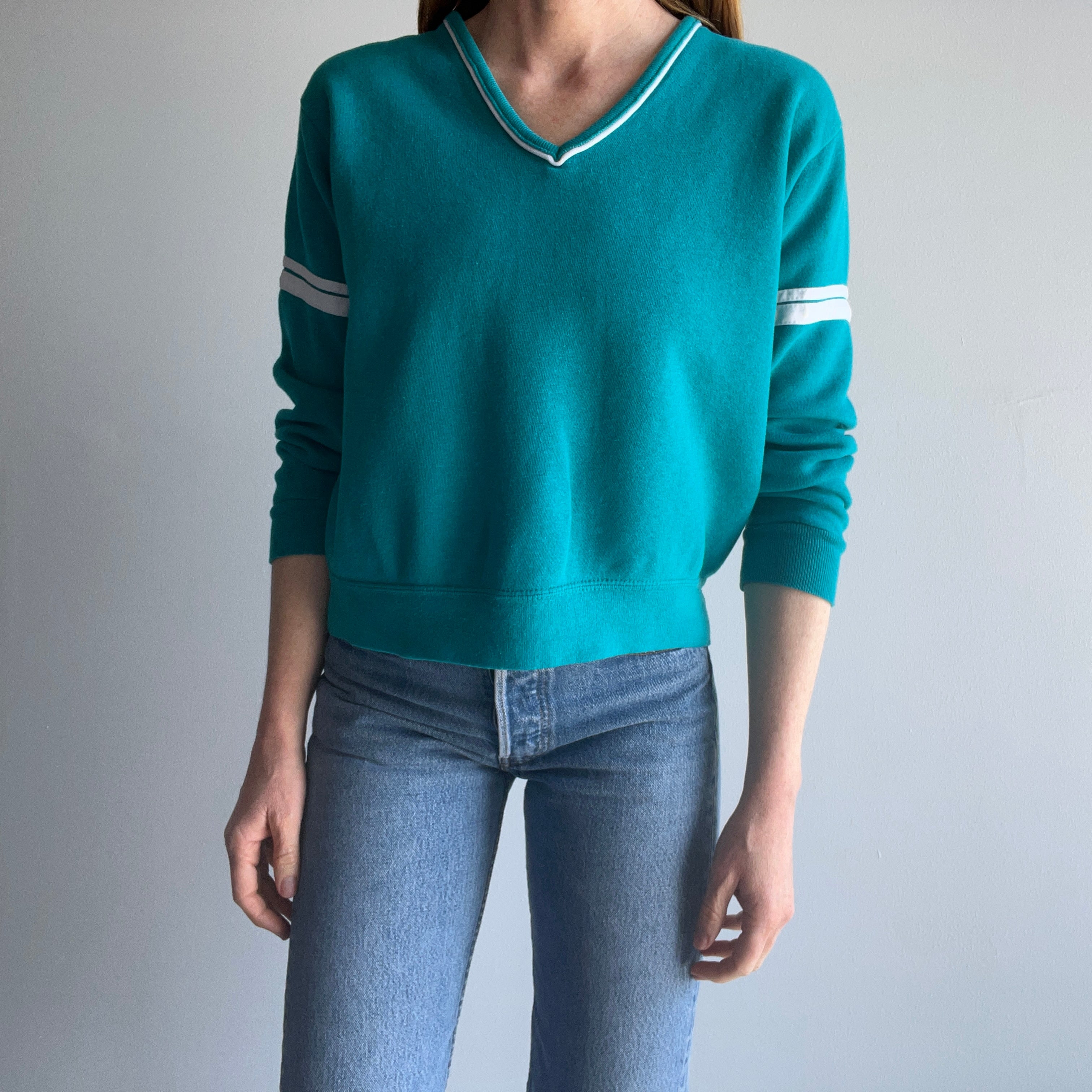 1980s Bassett Walker Super Soft and Luxurious V Neck Double Stripe Sweatshirt