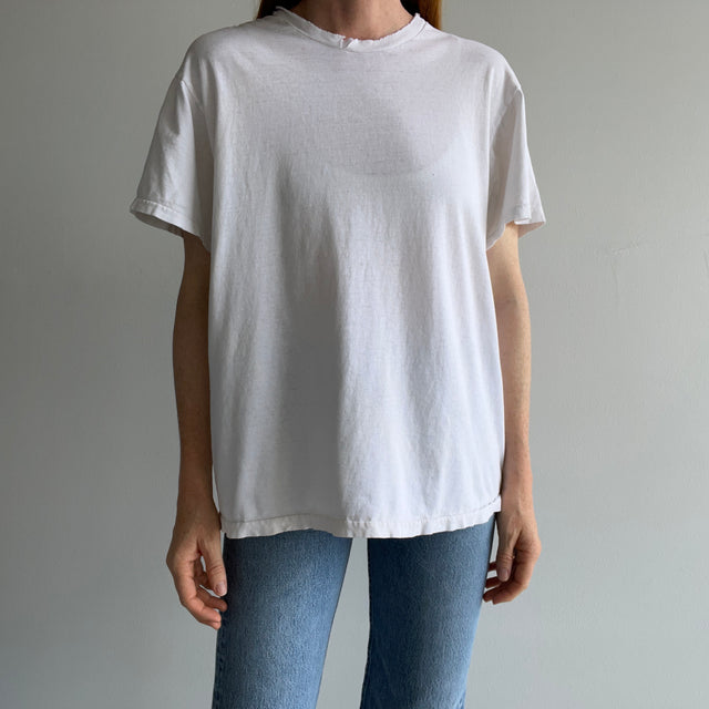 1990/2000s Tattered Torn and Worn Blank White Cotton T-Shirt