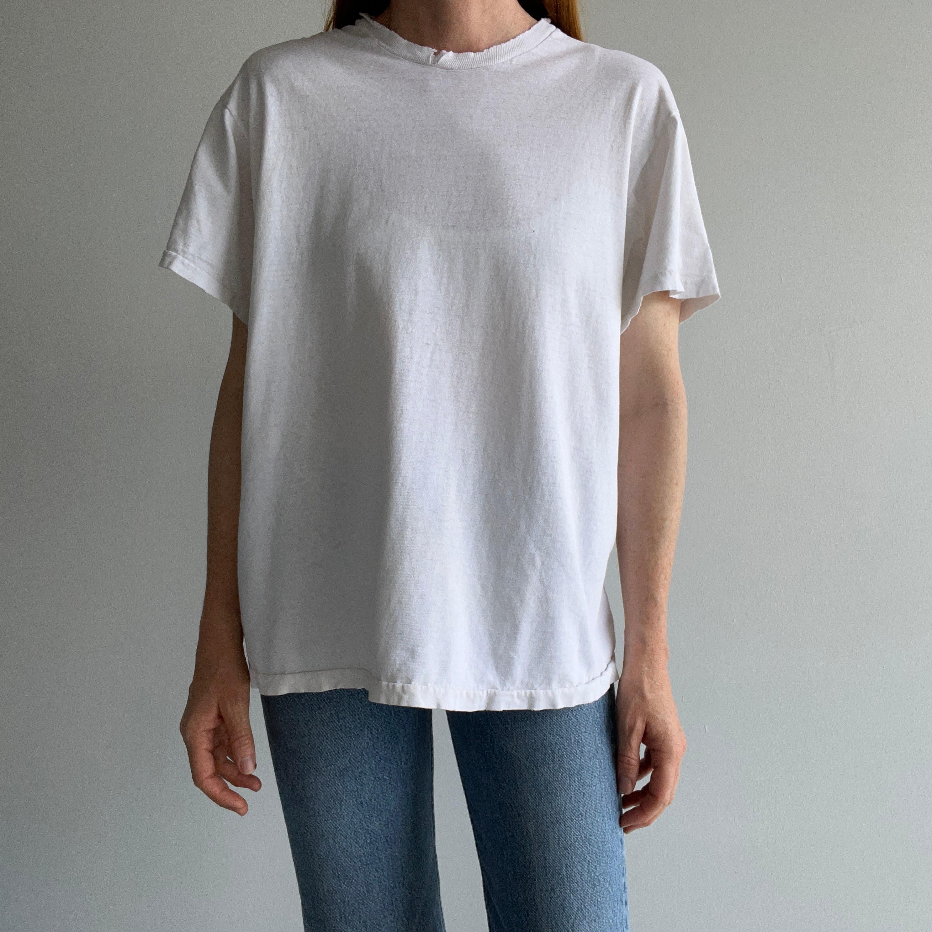 1990/2000s Tattered Torn and Worn Blank White Cotton T-Shirt