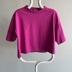 1980s Hot Pink Cotton Crop Top T-Shirt with White Contrast Stitching - Swoon