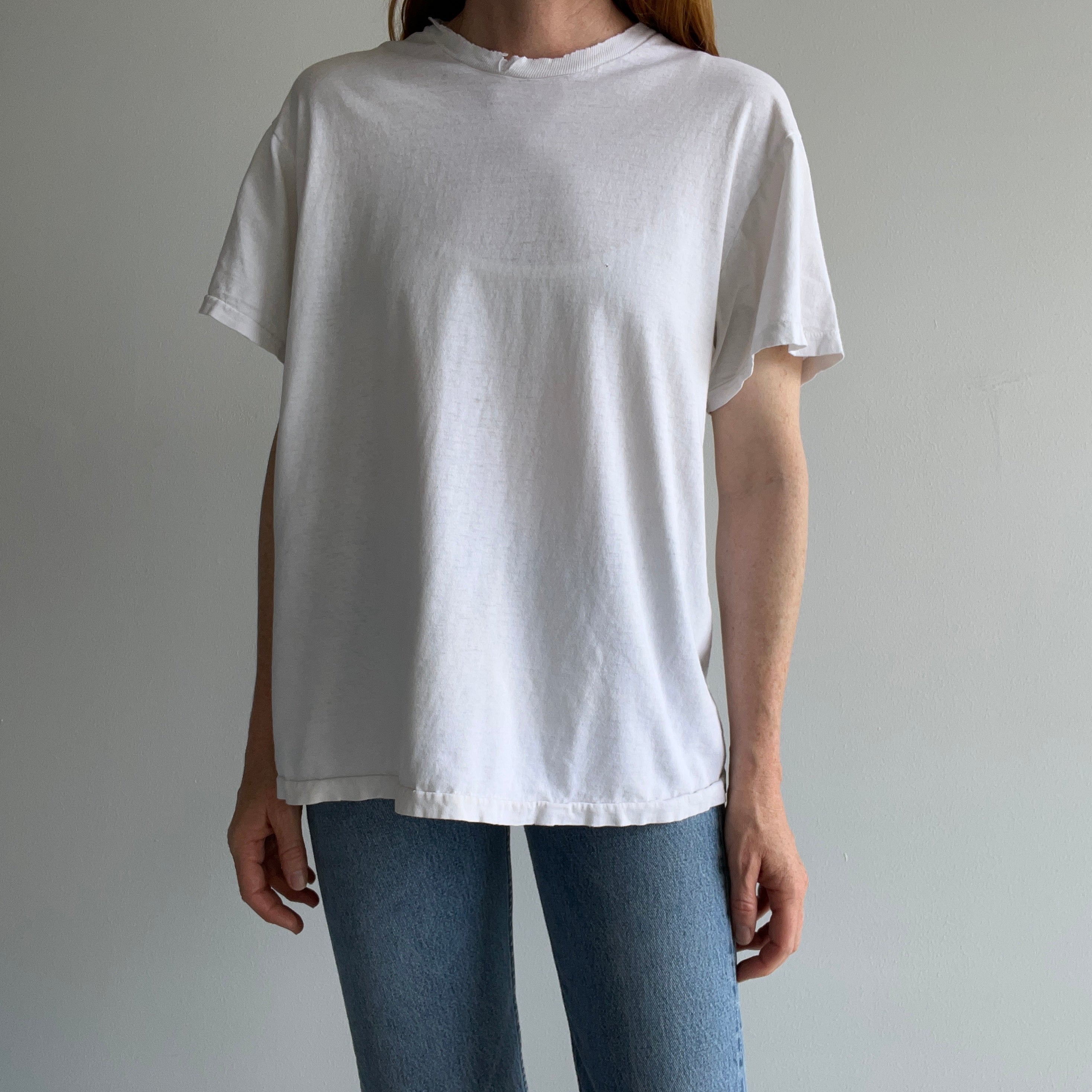 1990/2000s Tattered Torn and Worn Blank White Cotton T-Shirt