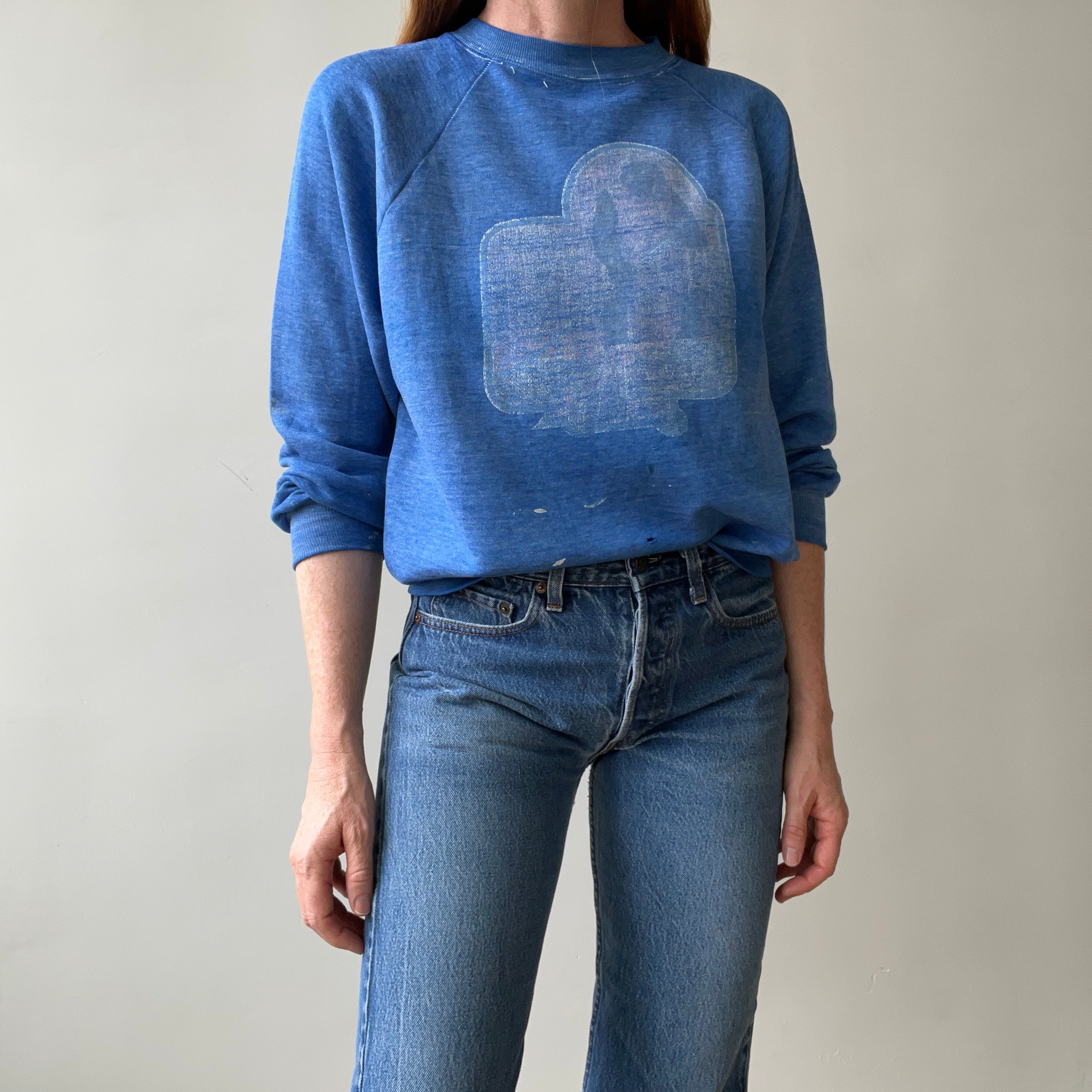 1970s Faded Graphic Sweatshirt - Chimpanzee/Monkey with a Broom? Pop Culture