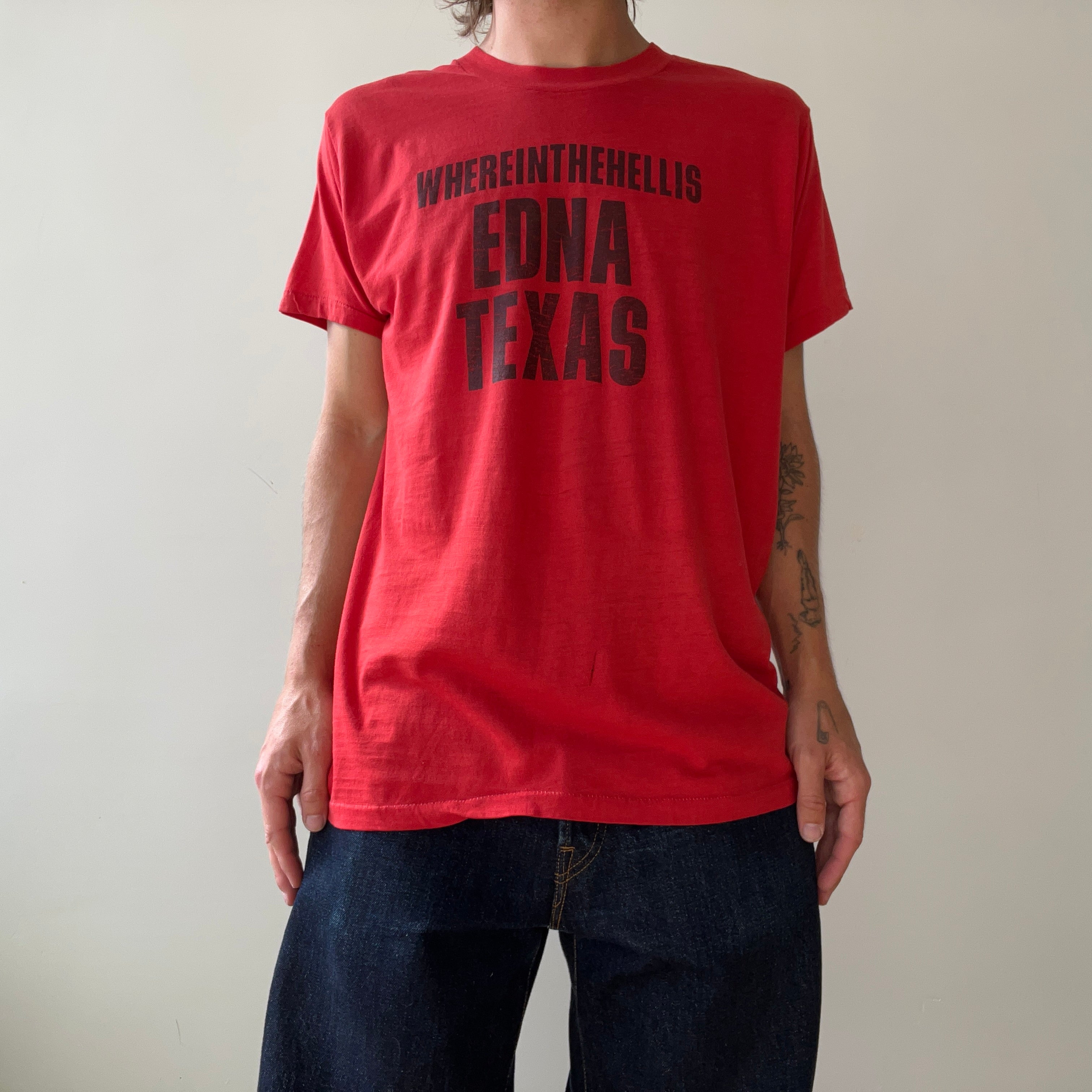 1980s Red Where The Hell Is Edna Texas T Shirt