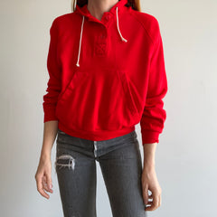 1980s Bright Red Henley Style Hoodie