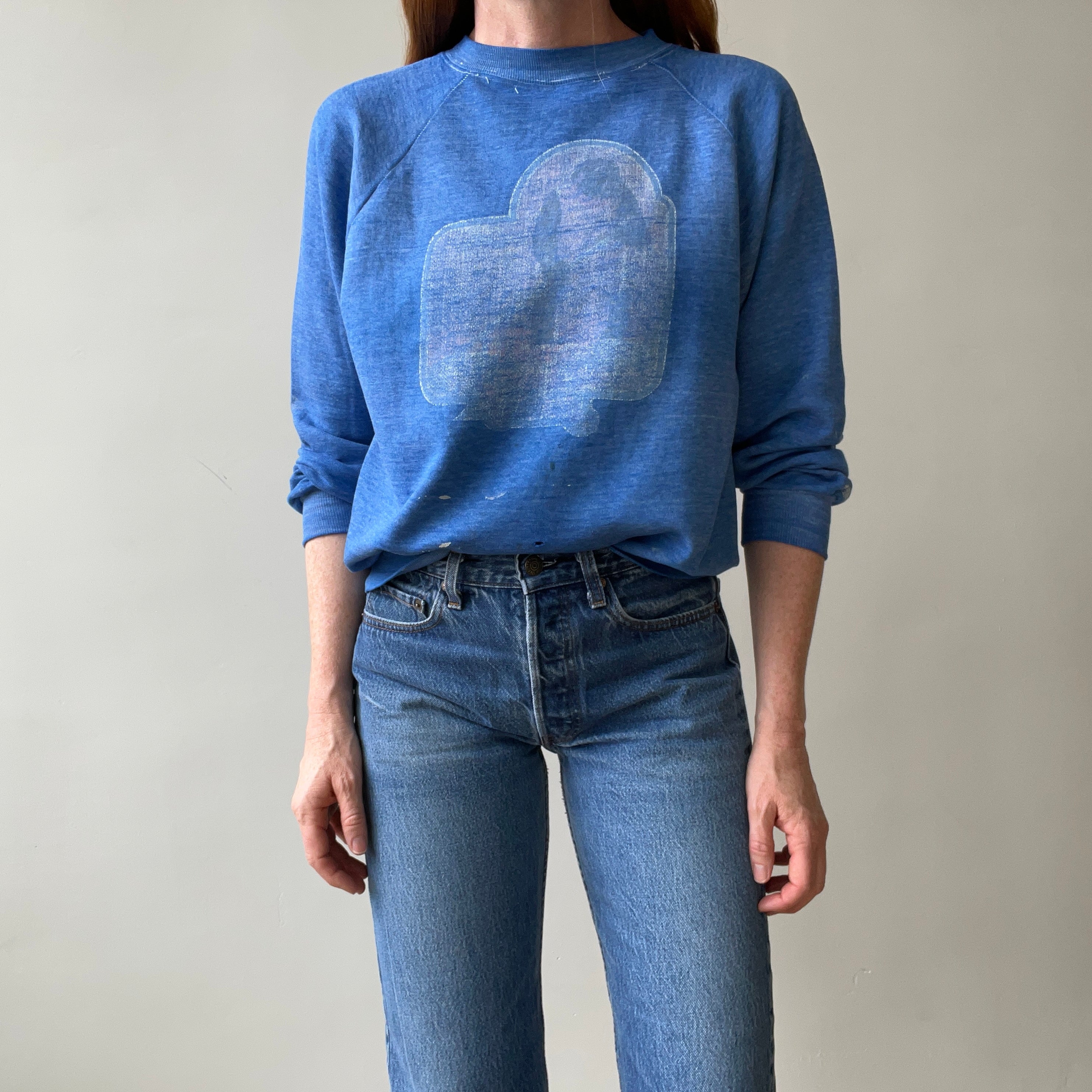 1970s Faded Graphic Sweatshirt - Chimpanzee/Monkey with a Broom? Pop Culture