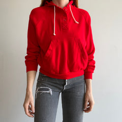 1980s Bright Red Henley Style Hoodie