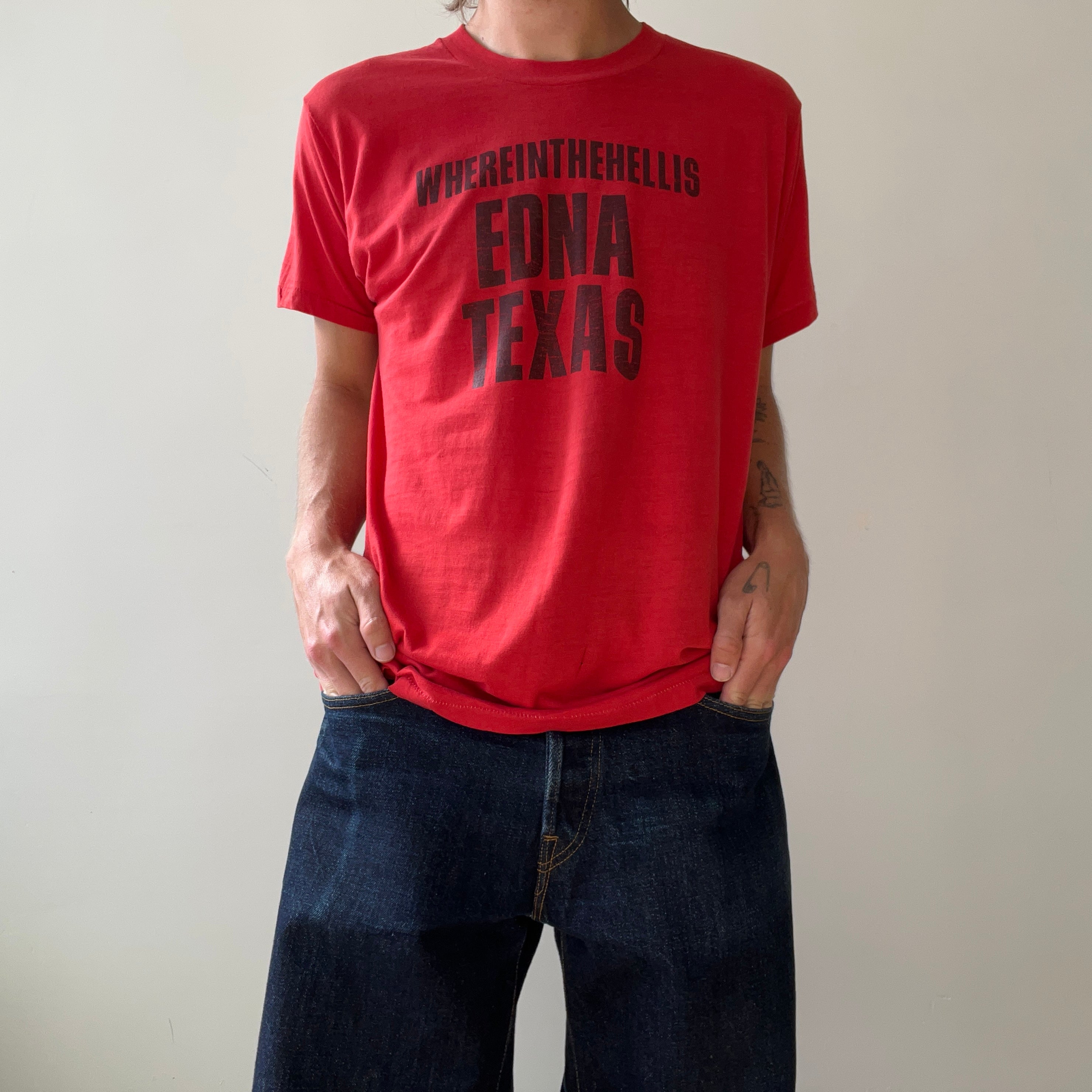 1980s Red Where The Hell Is Edna Texas T Shirt