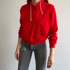 1980s Bright Red Henley Style Hoodie