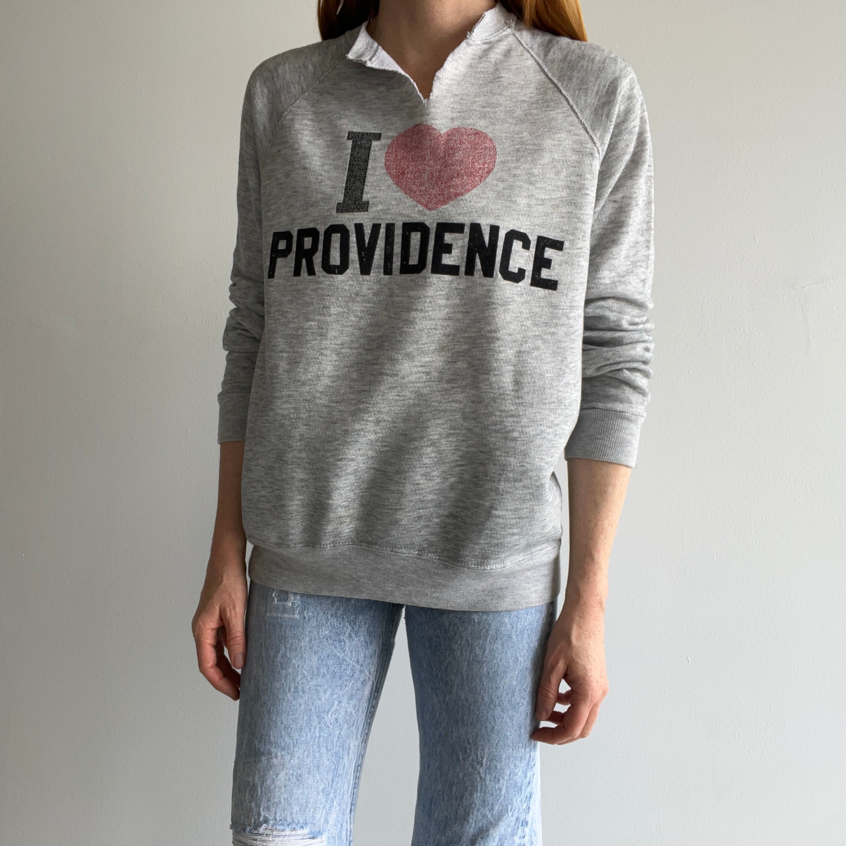 1980s DIY I LOVE PROVIDENCE Cut Neck Sweatshirt