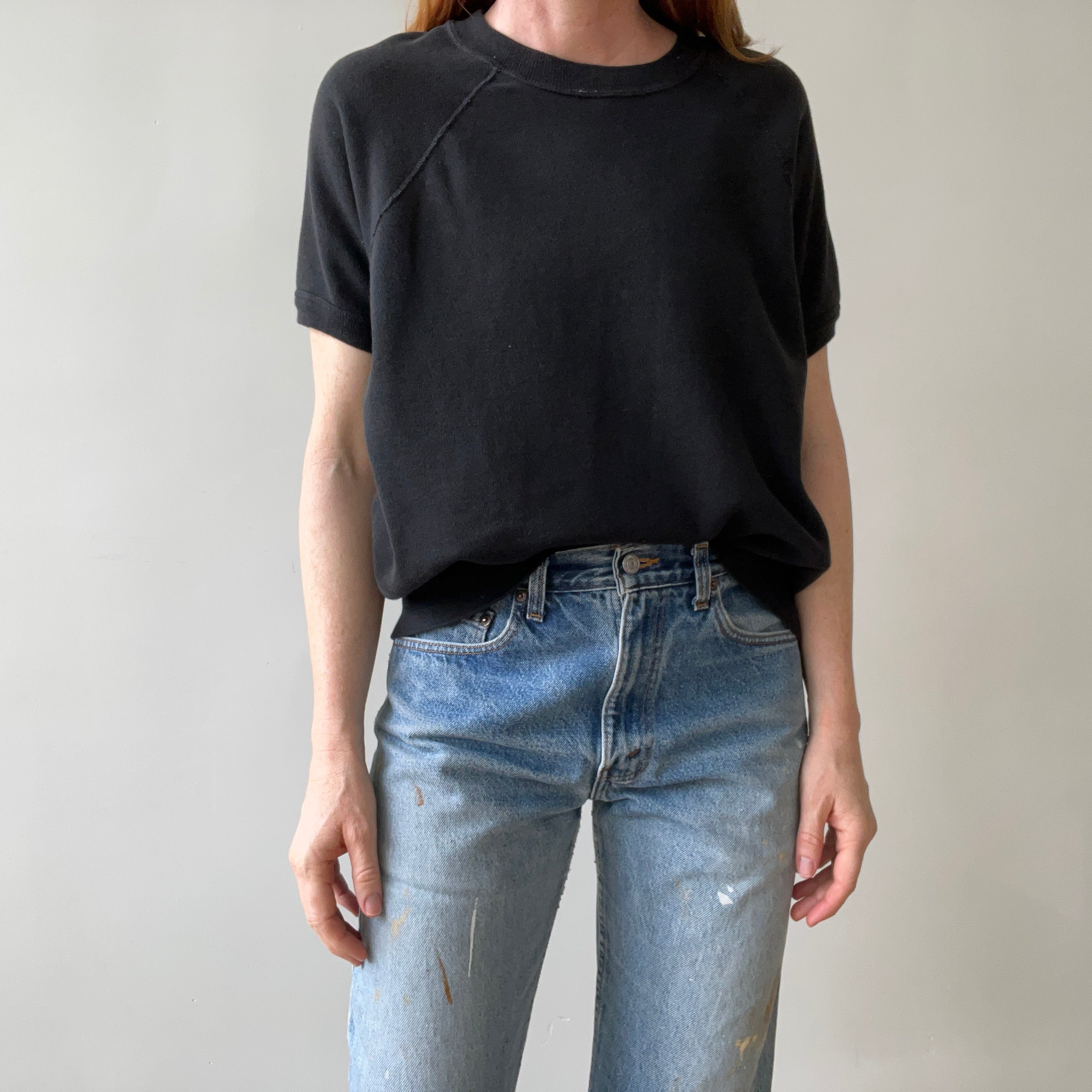 1980s Blank Black Short Sleeve Raglan Sweatshirt