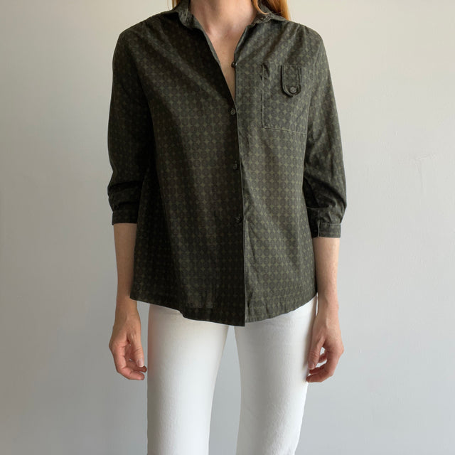1970s 3/4 Sleeve Button Up Cotton Blouse