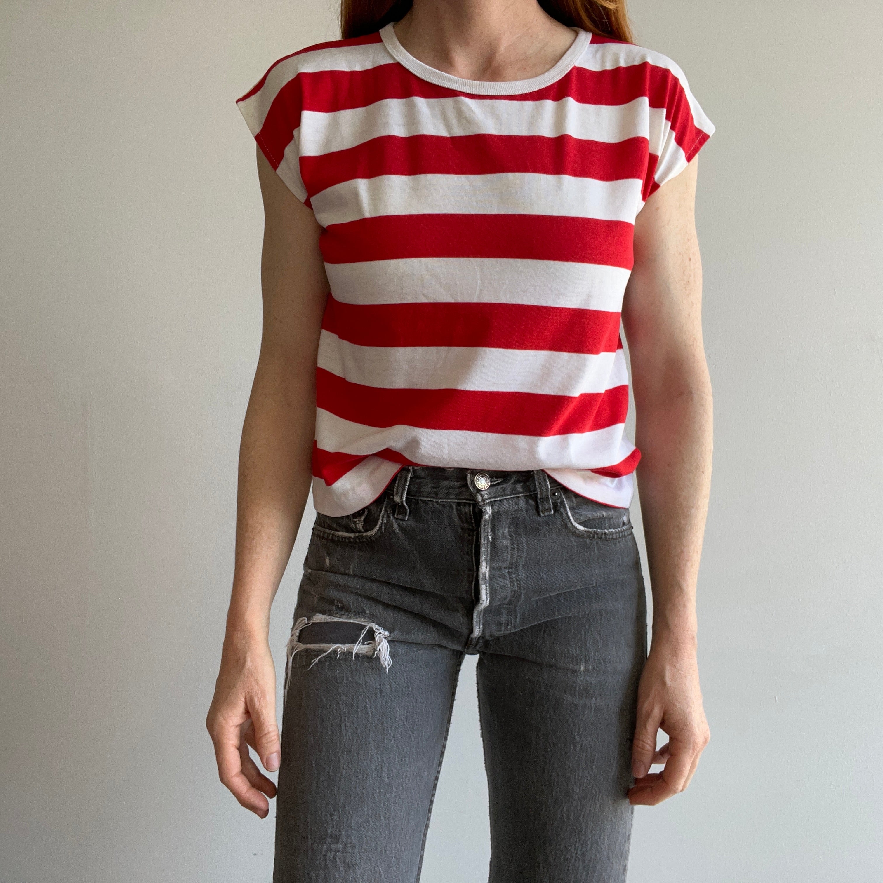 1980s Red and White Striped Thin Muscle Cut Shirt