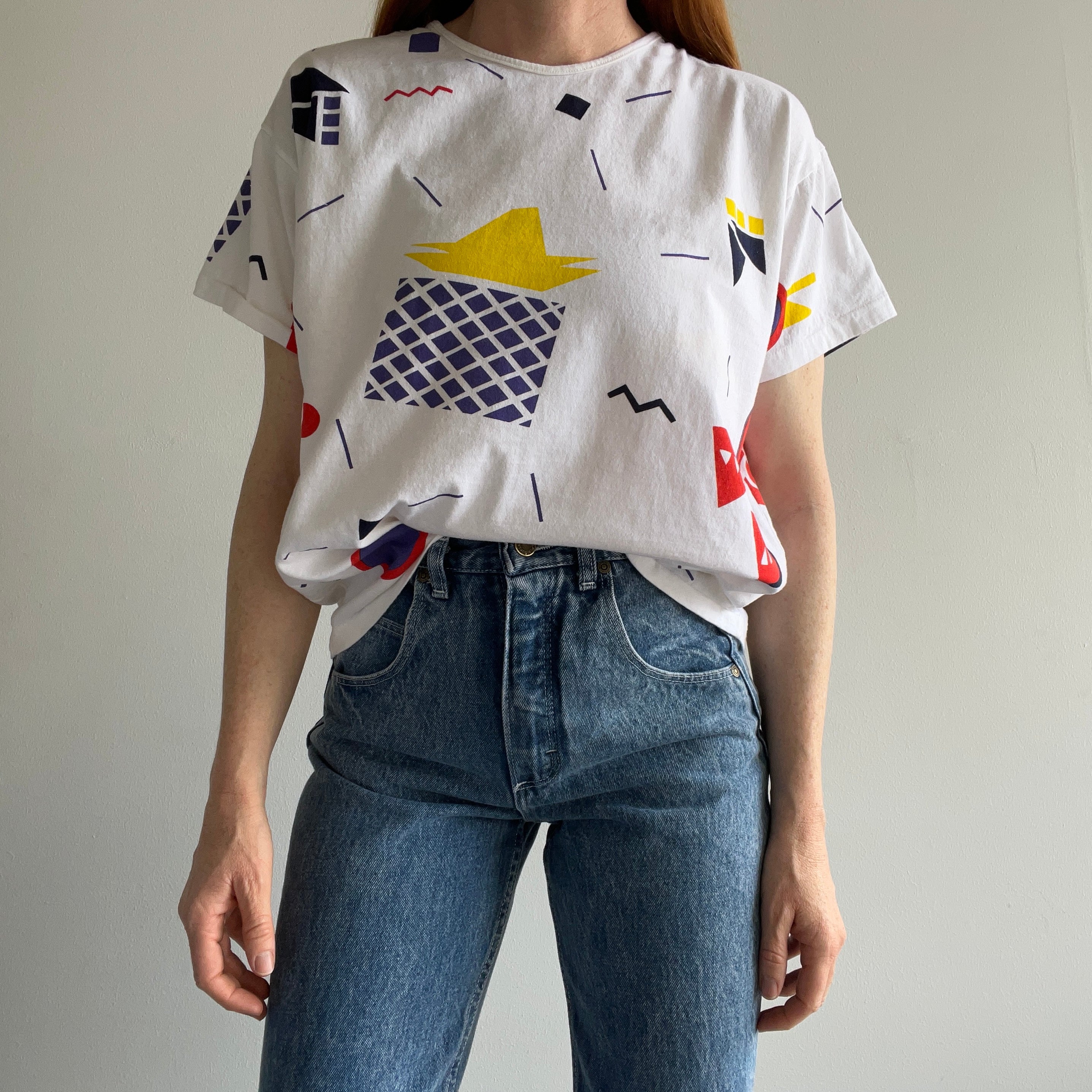 1980s Geometric Cotton T-Shirt with a Rolled Neck