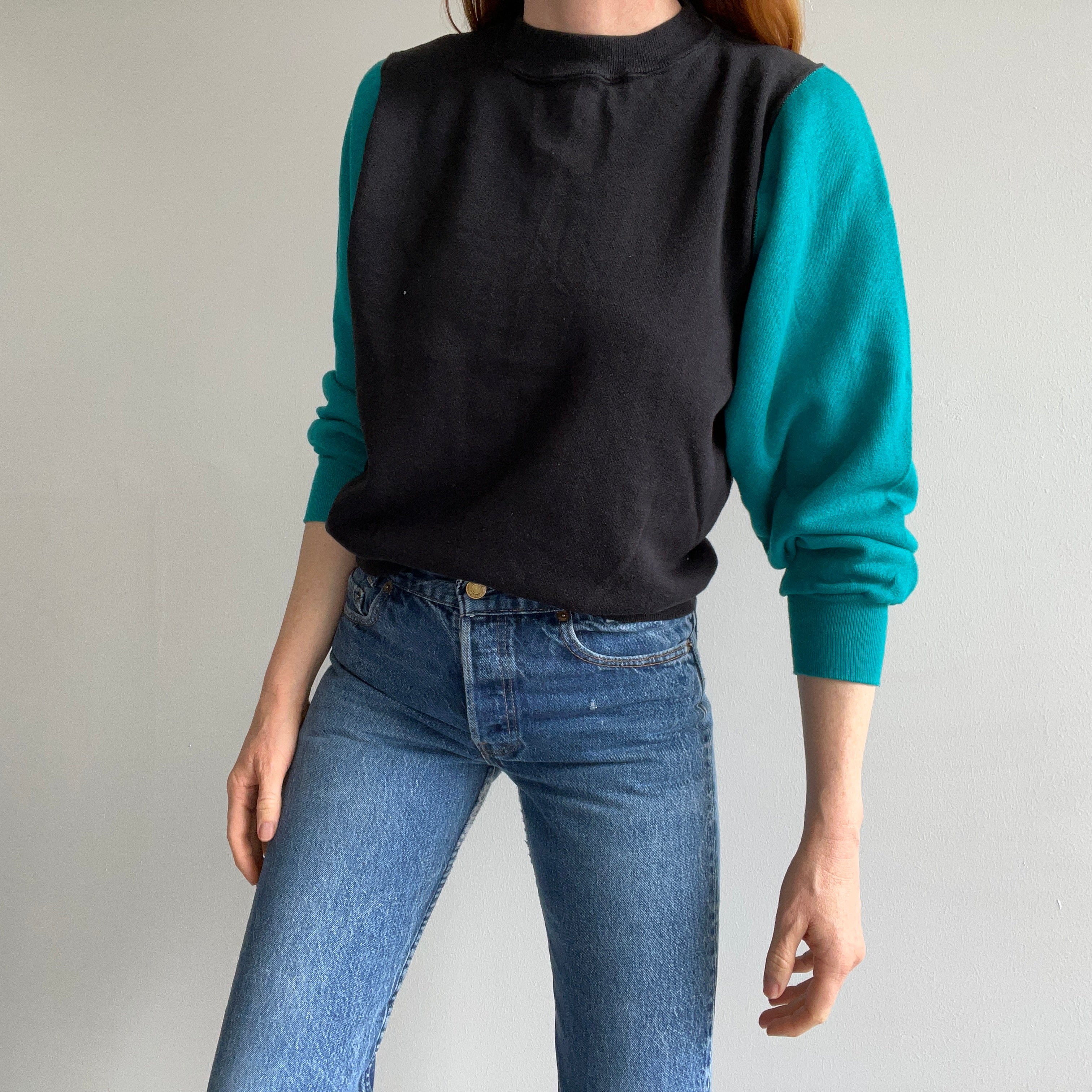 1980s Never Worn? Two Tone Teal and Black Sweatshirt