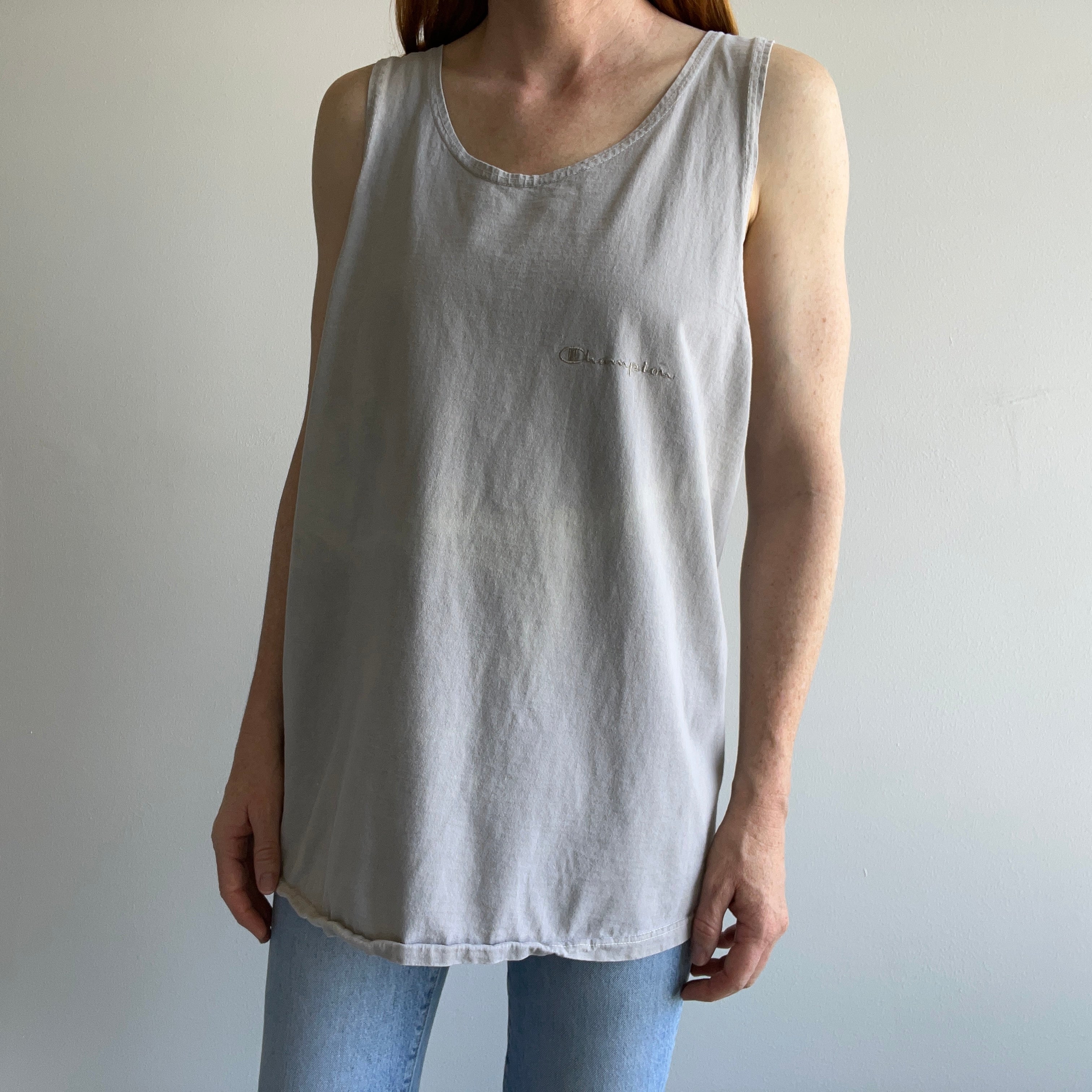 1980s Super Faded and Bleach Stained Cotton Tank by Champion Brand - USA Made