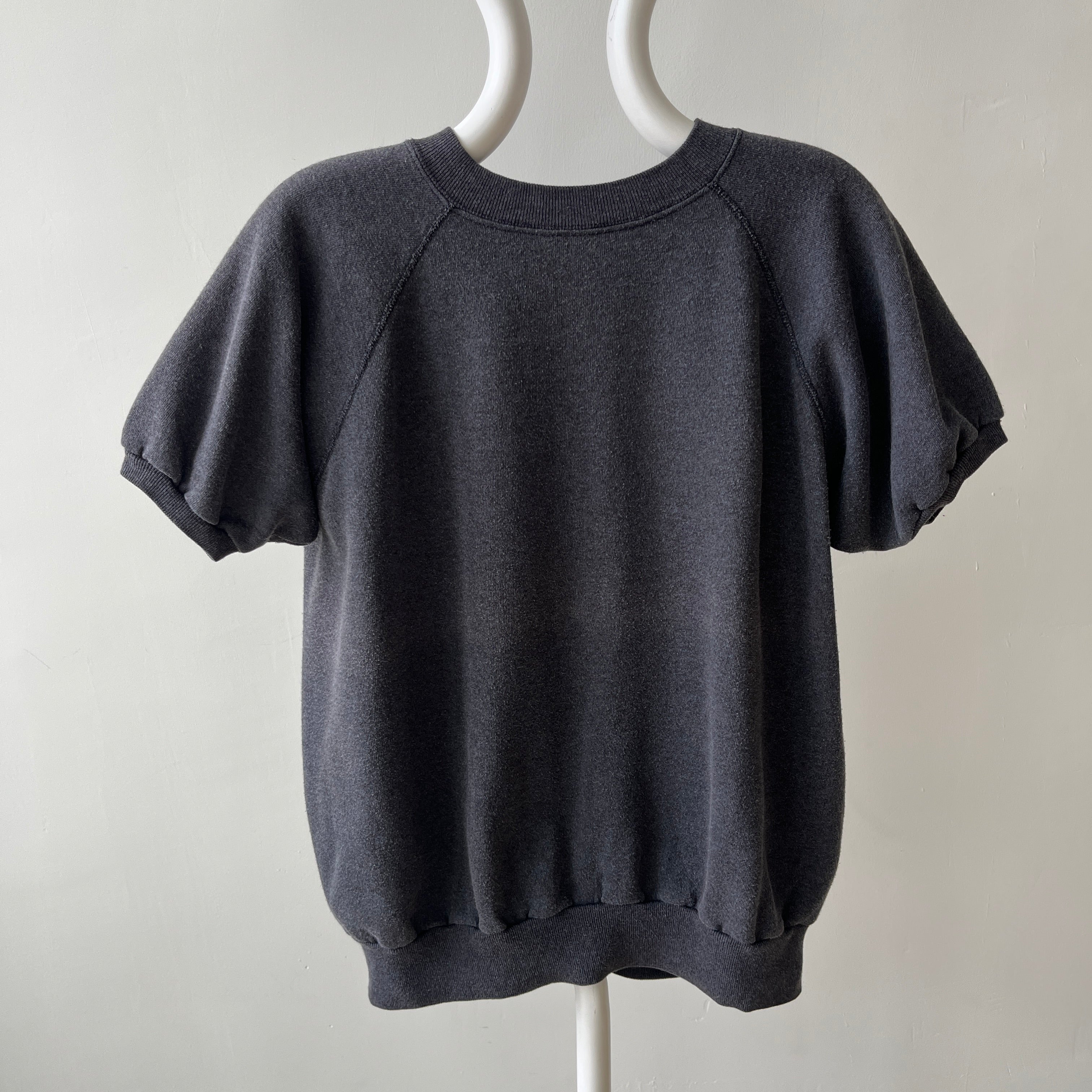 1980s Sun Faded Deep Gray/Black Short Sleeve Warm Up Sweatshirt