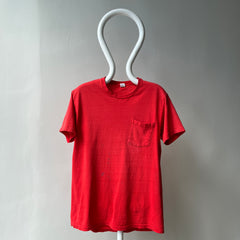 1970/80s Nicely Beat Up Blank Red Cotton Pocket T-Shirt by Hanes (the old tag)