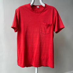 1970/80s Nicely Beat Up Blank Red Cotton Pocket T-Shirt by Hanes (the old tag)