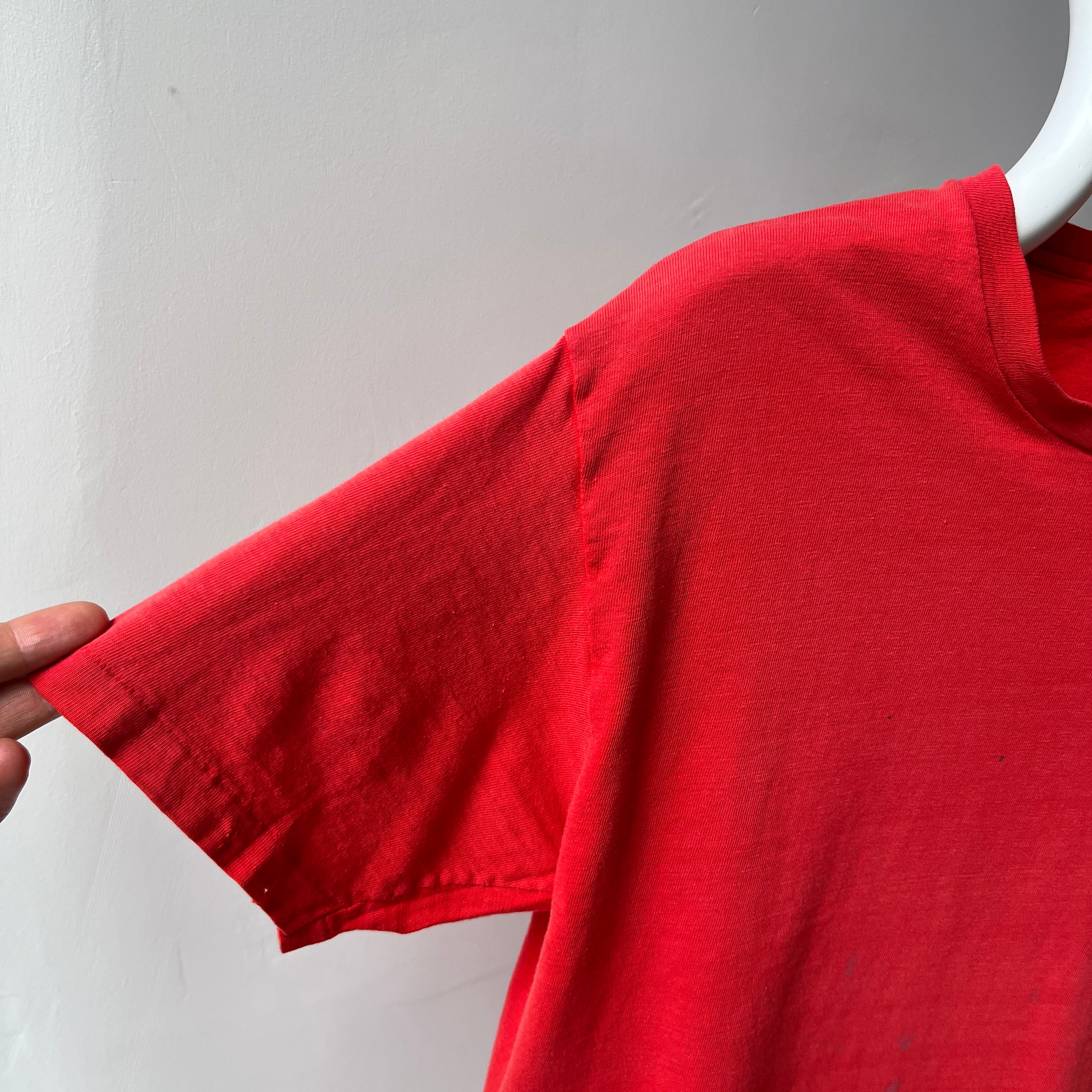 1970/80s Nicely Beat Up Blank Red Cotton Pocket T-Shirt by Hanes (the old tag)