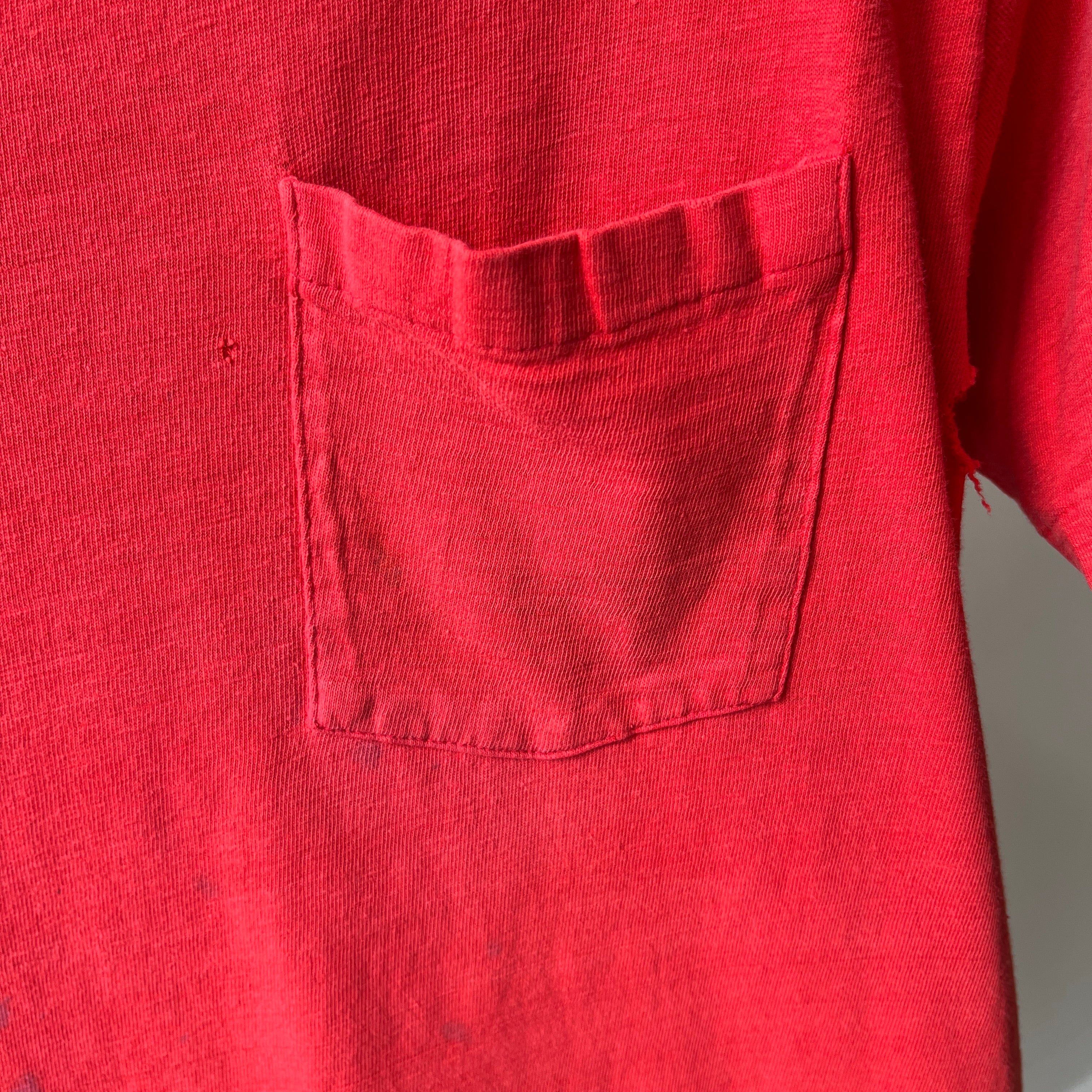 1970/80s Nicely Beat Up Blank Red Cotton Pocket T-Shirt by Hanes (the old tag)